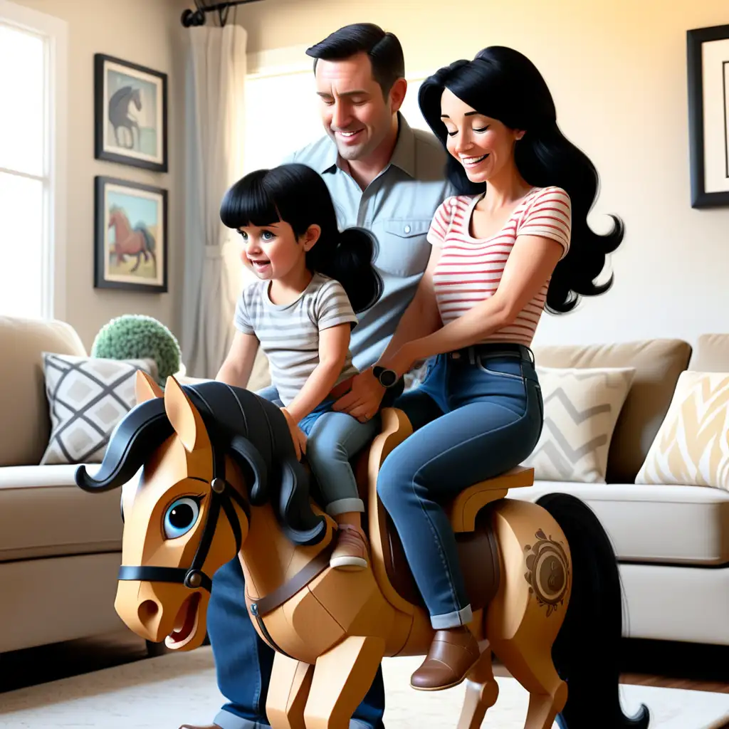 Disney style dad and mom black hiar 
looking at 3 year old wearing jeans riding a wooden horse in the living room
