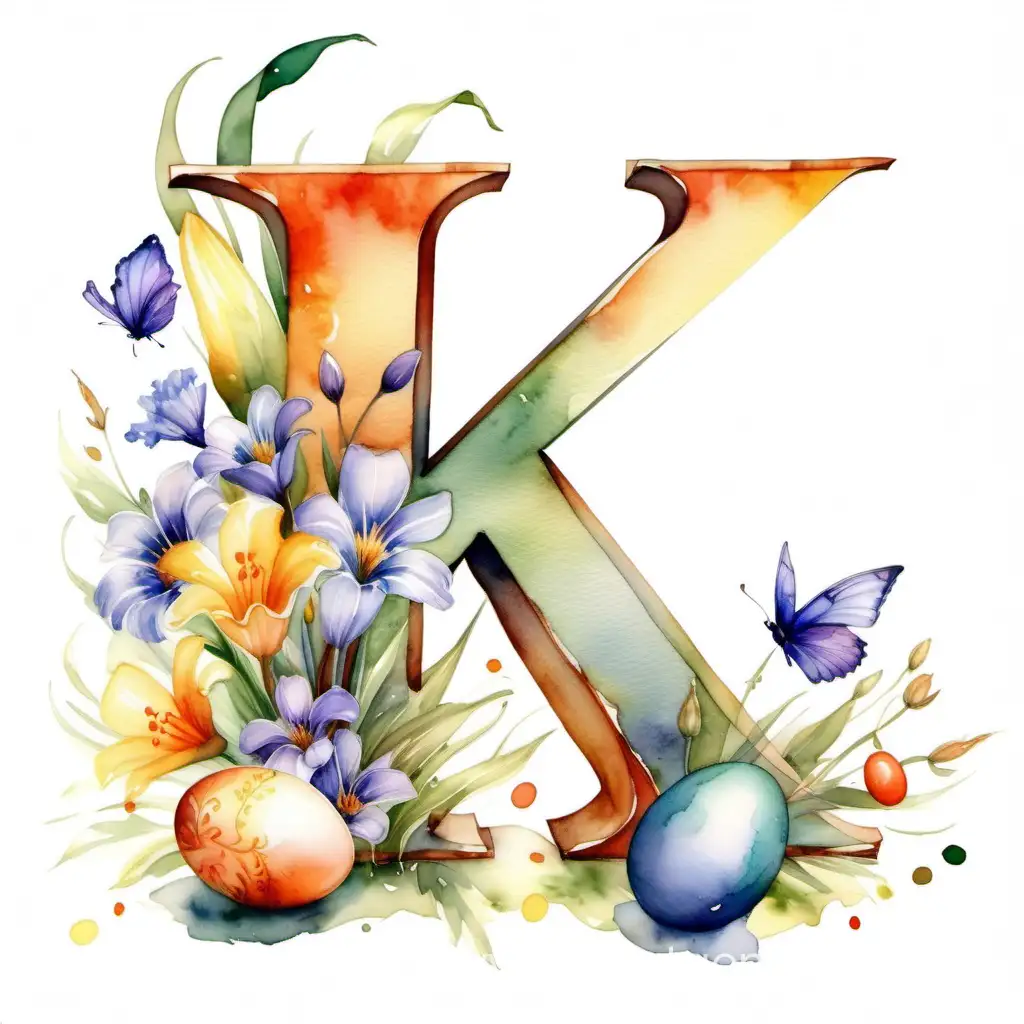 Detailed description of the letter "K" high quality,, 8K Ultra HD, watercolor painting, watercolor,  EASTER,EASTER EGGS AND SPRING FLOWERS high detail