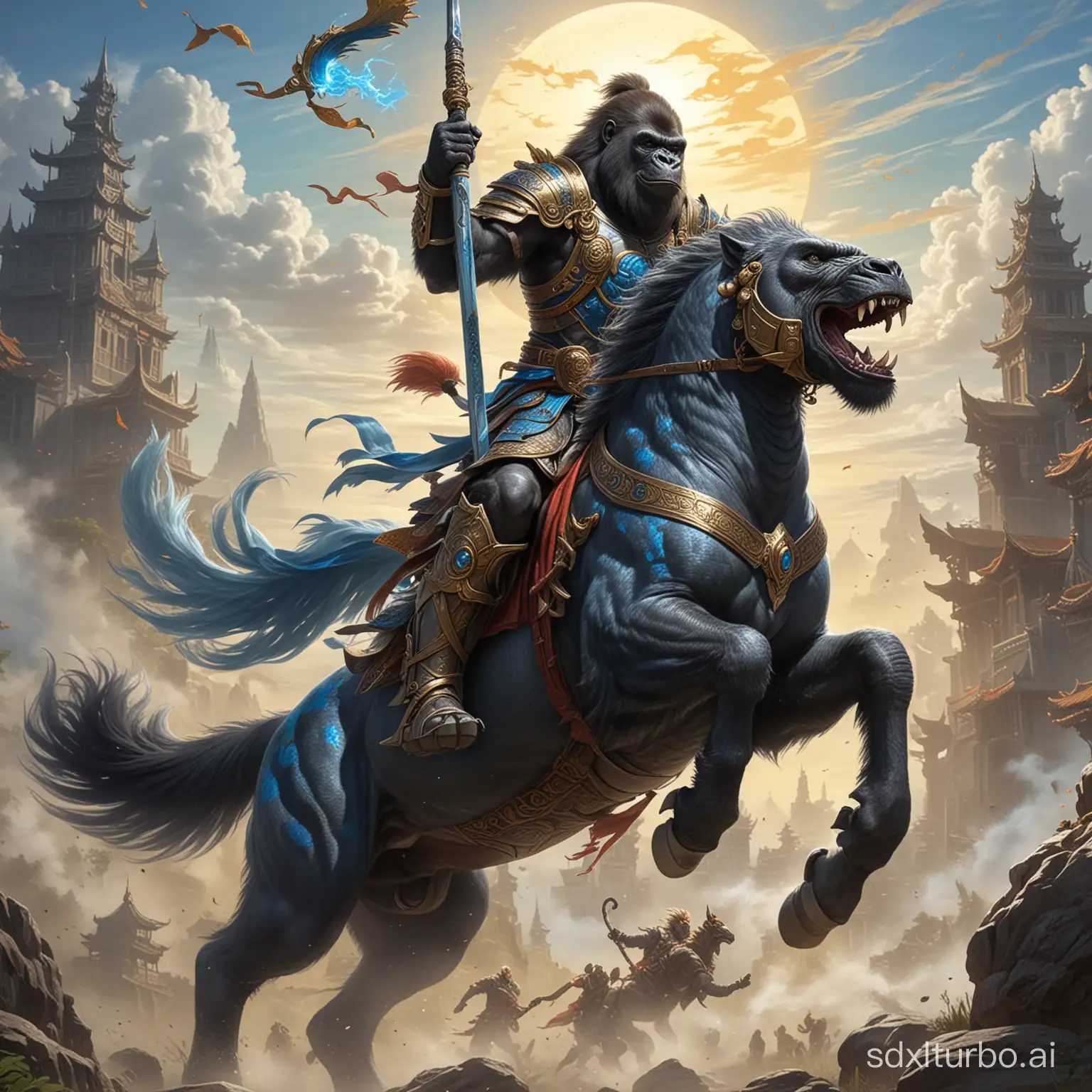 A gorilla riding a horse, wearing armor and wielding the Azure Dragon Crescent Blade, battles Sun Wukong.