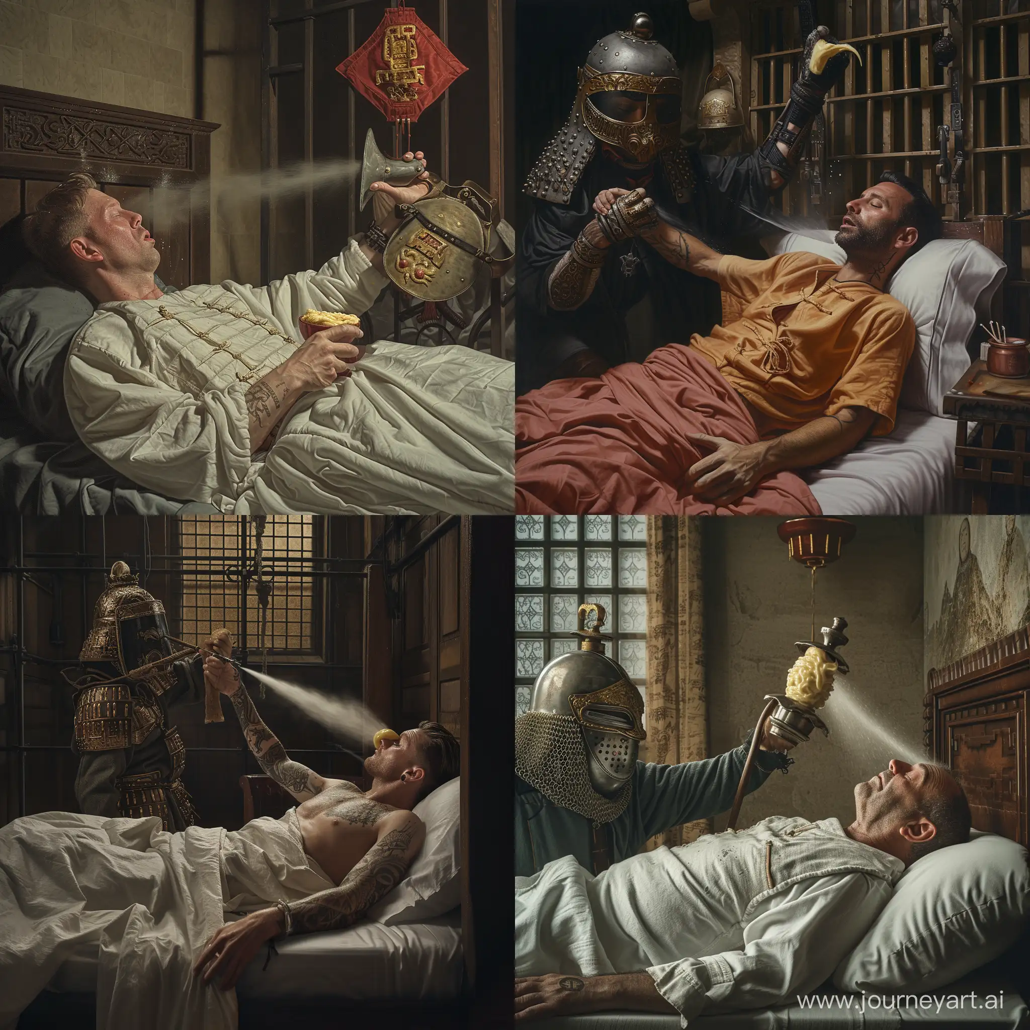 Realistic. Sam Bankman-Fried lying on bed in a luxury prison cell. He is being sprayed with mayonnaise by a Medieval Chinese with visor helmet.