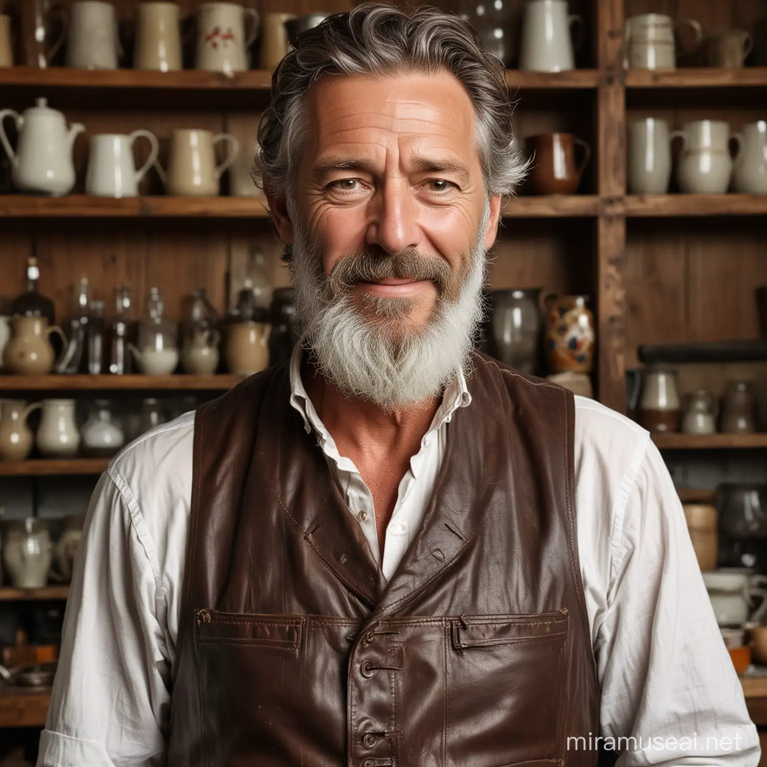 A man in his late 50s with a weathered face and kind eyes.
A thick, salt-and-pepper beard reaches his chest, and his hair is pulled back in a simple braid.
A network of wrinkles crinkle around his eyes and mouth, hinting at a life filled with laughter and hardship.
He wears a worn leather jerkin over a simple white shirt, the sleeves rolled up to reveal forearms thick with muscle.
A worn leather apron hangs low on his hips, tied at the waist.
Behind the counter, a shelf displays a variety of mugs and tankards.