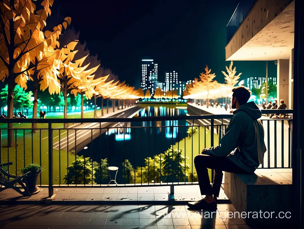 парень сидит на балконе в центре города, смотрит на парк будущего ночью.