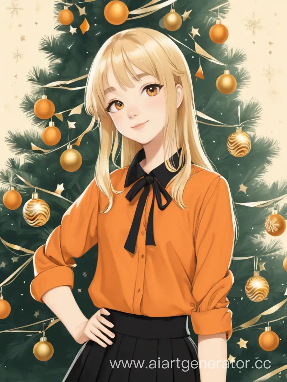 девушка русые волосы оранжевая блуза черная юбка на фоне новогодней елки