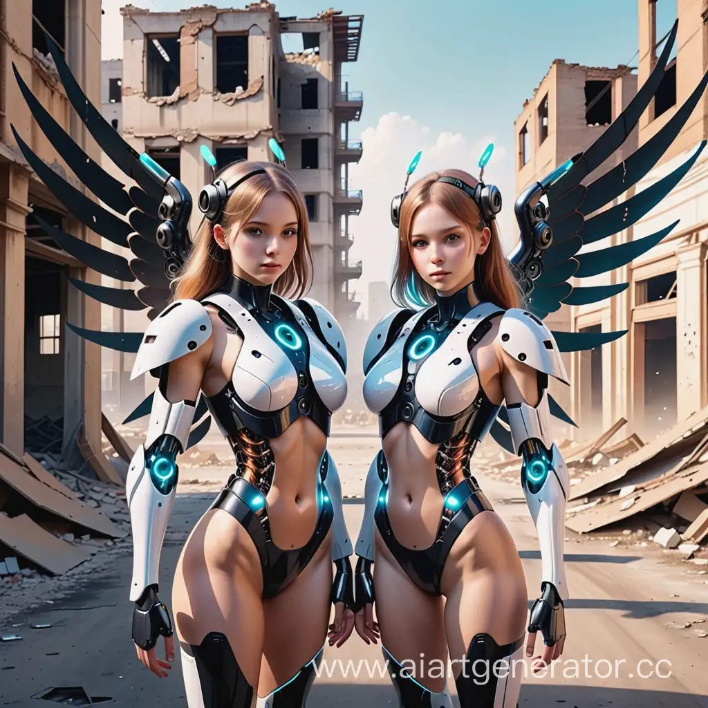 two twin cyborg girls with robotic wings. In a ruined and abandoned city