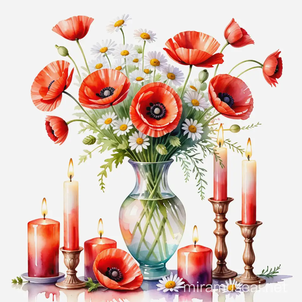 Много свечек, ваза, цветы красный мак, ромашка, интерьер, белый фон, акварель