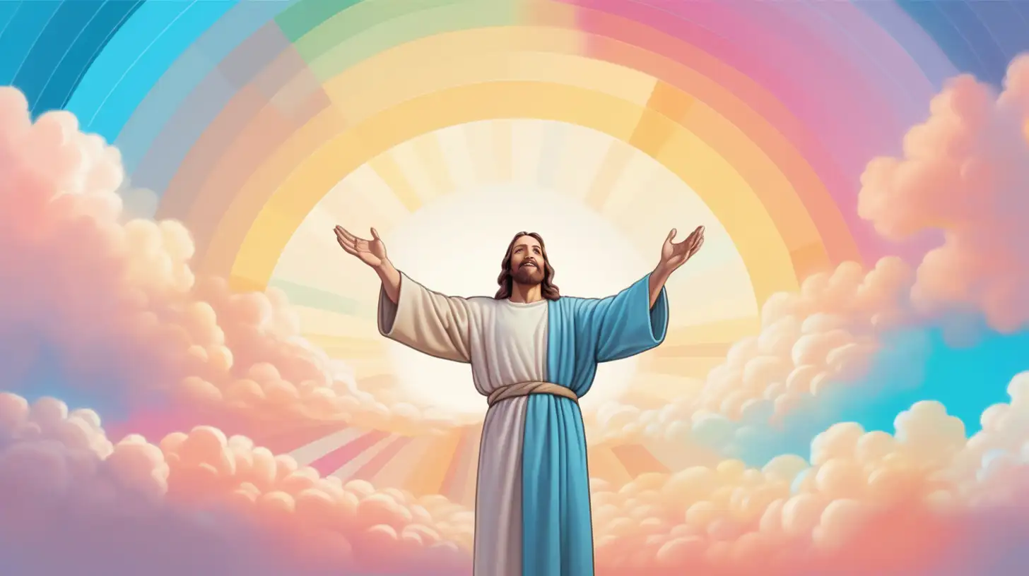 Generate an image that shows Jesus Spreading His hands towards the colorful rounded sky and clouds 
