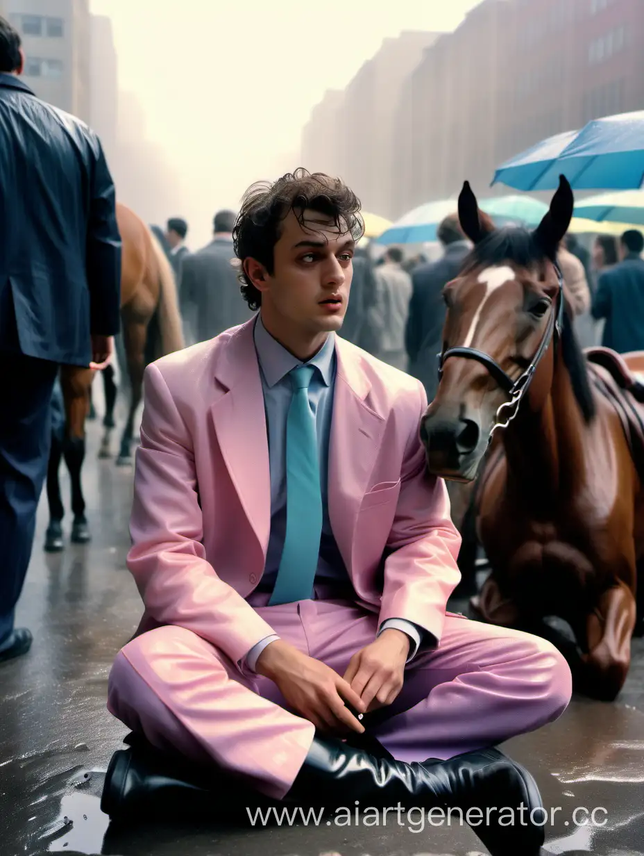 Urban-Man-in-Sports-Suit-Sitting-by-Grazing-Horse-Amid-Pastel-Cityscape