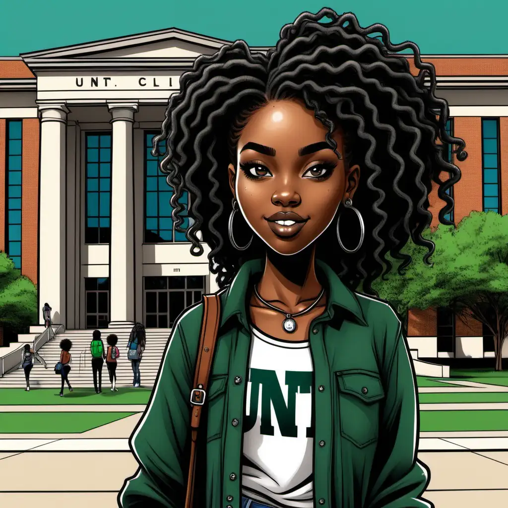 cartoon college fashion black girl with locks in front of unt library