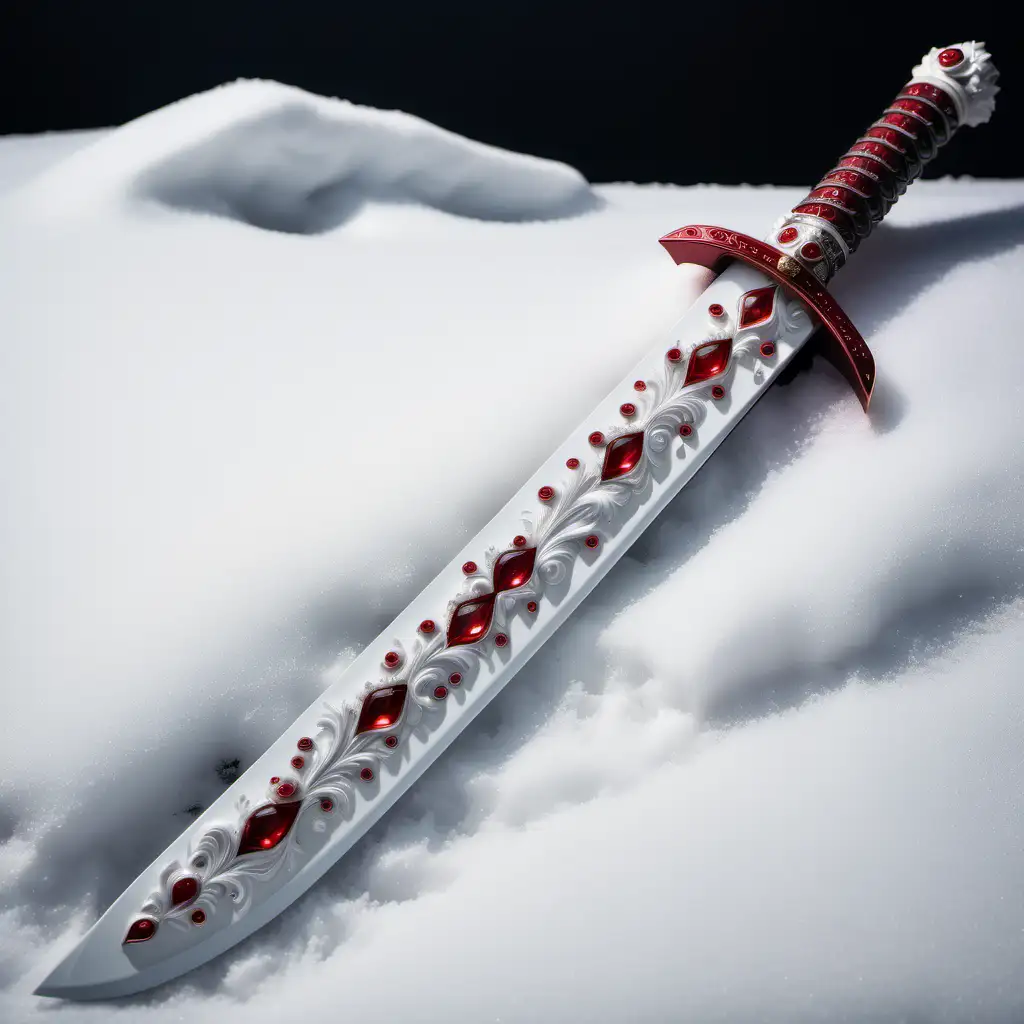Elegant Crimson GemAdorned Sword Resting in Snowy Serenity