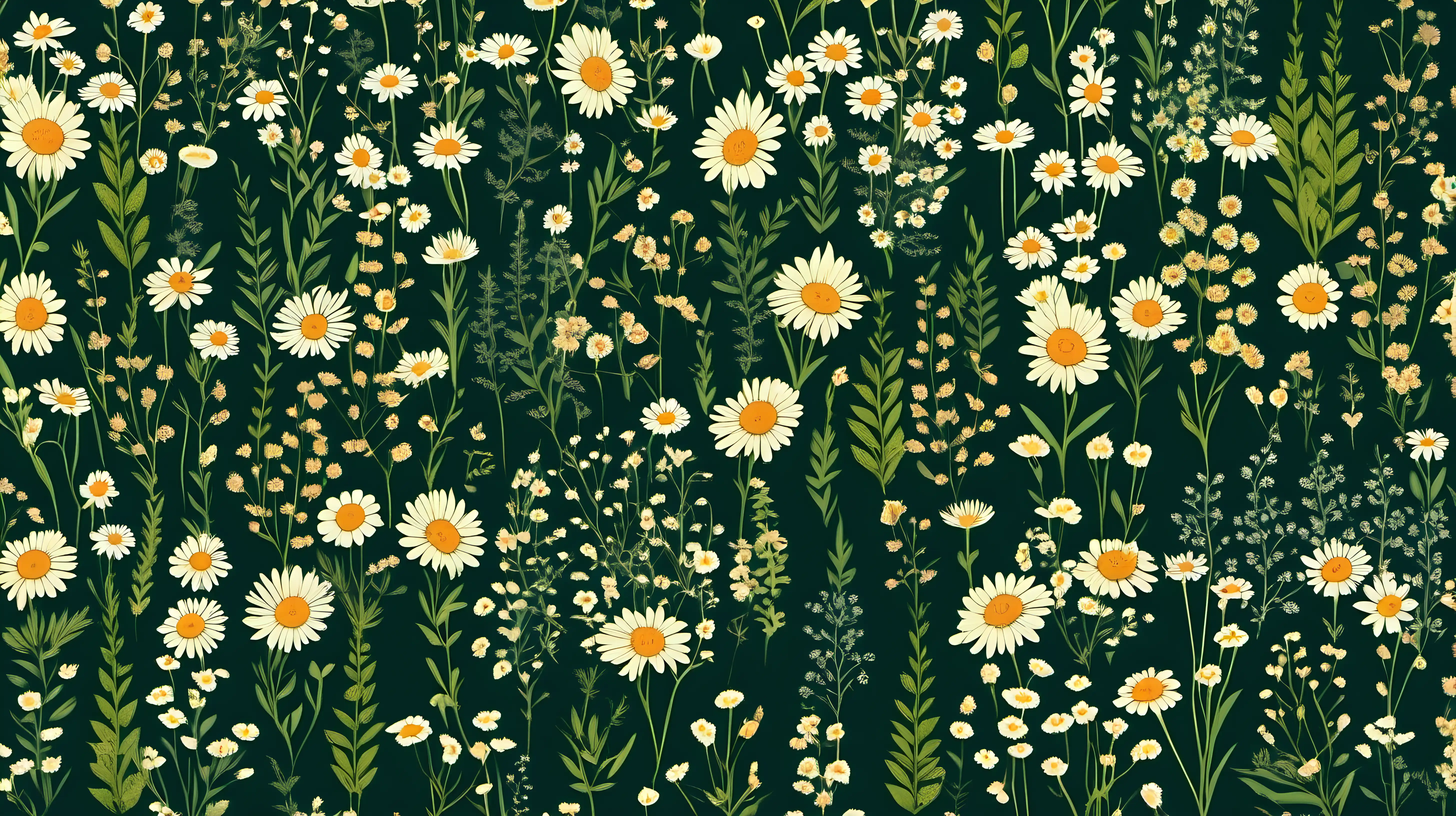 Vintage Botanical Garden Pattern with Small Wild Flowers on Dark Green Background