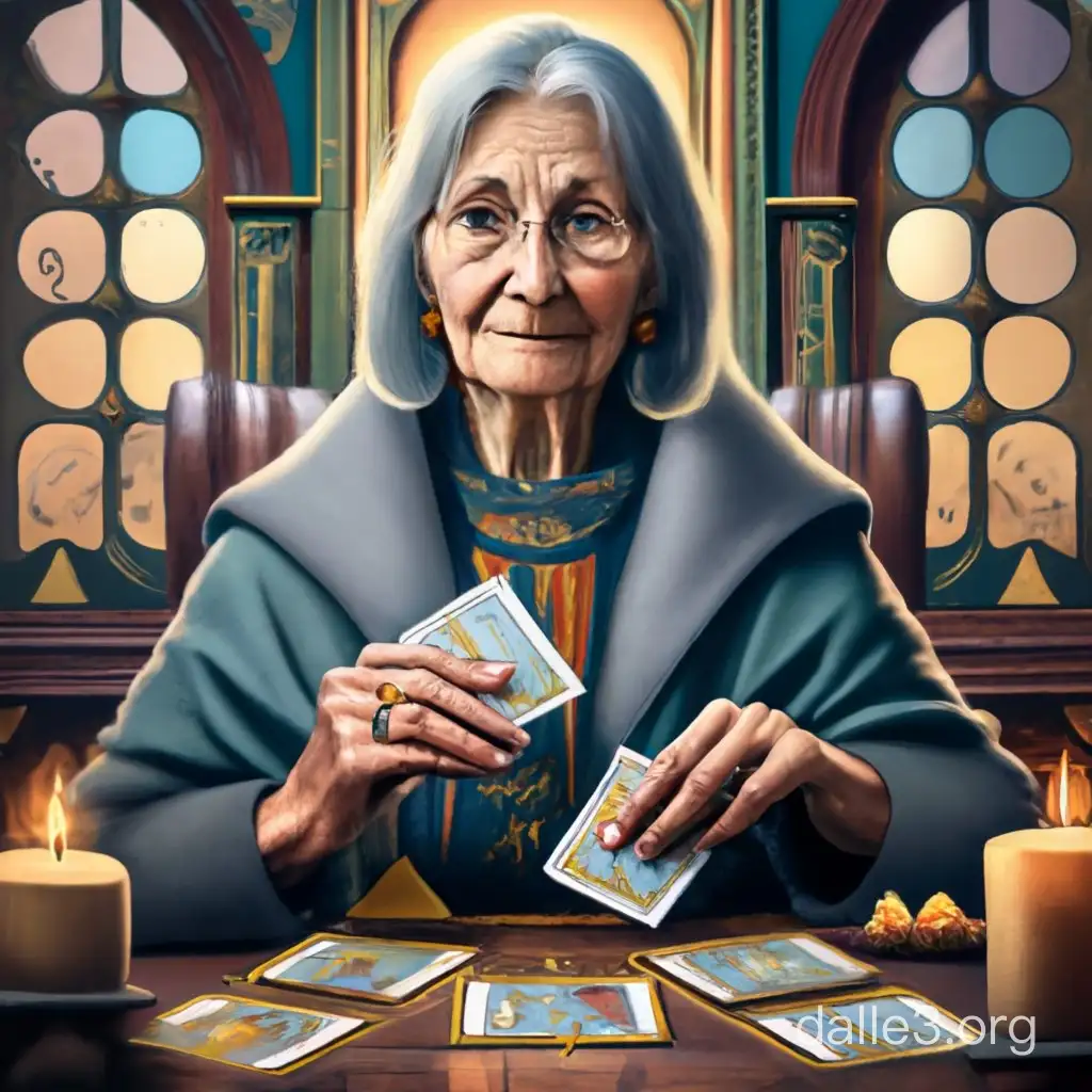 Subject: An adorable old woman with tarot cards

This AI-generated image showcases a charming old woman grey hair, in grey cloak with taror cards in heands. The combination of the woman's reputable appearance and the tarot cards creates a magical scene that is perfect for esotericism lovers and those who appreciate tarot.

Setting: Middle Ages Atmosphere

The background features a middle ages atmosphere, perhaps with hints of magical decorations or a esotericism indoor setting. The use of warm and inviting colors enhances the overall esoteric mood, making the image visually appealing and suitable for various magical contexts.

Style/Coloring: mysterious and magical

The image is crafted in a mysterious style, emphasizing the woman's insightful expression and the magical nature of room. Vibrant and mysterious colors, such as reds and greens, are likely incorporated to enhance the esotericism theme, creating a visually engaging and delightful composition.

Action: Dog Wearing Elf Hat

The main action captured in the image is the old woman with tarot cards in hand and looking to you. This not only adds a touch of magic but also conveys a sense of insightfules, making it a perfect image for esoteric content or tarot enthusiasts.

Items/Costume: Tarot cards
The focal point of the image is the old woman with gray beard and tarot cards. The tarot cards itself becomes a significant accessory, symbolizing magical cheer and adding a unique element to the womans's appearance.
Costume or Appearance: Serious and Magical
The woman's appearance is magical and esoteric thanks to the gray robe. The combination of the womans's natural charm and the magical accessory creates an esoteric and visually magi character that can resonate with a broad audience.