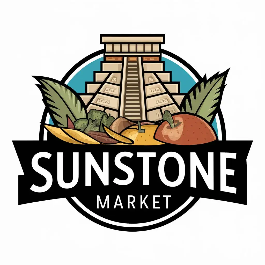 logo, Mayan temple aesthetics with fresh food, with the text "Sunstone Market", typography, be used in Restaurant industry