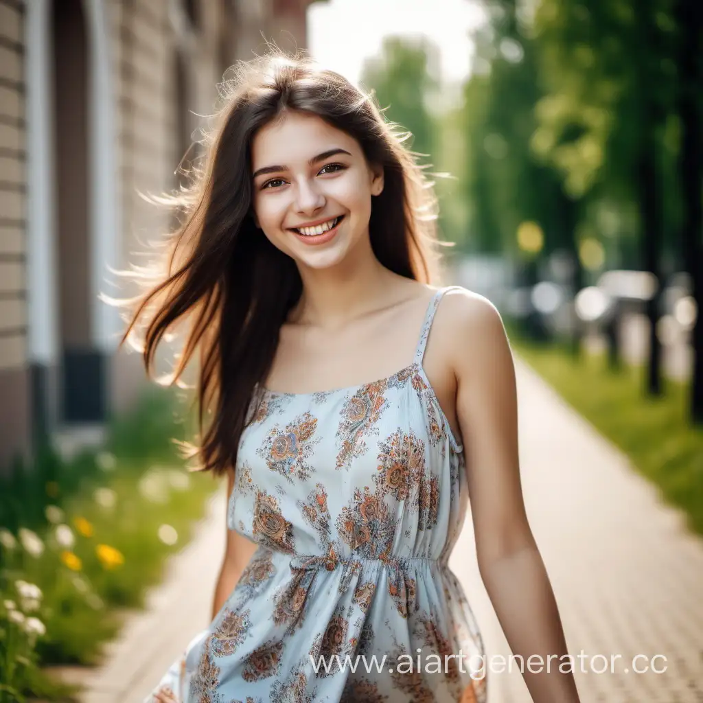 Жизнерадостная, позитивная 20-летняя девушка с русской внешностью, темными волосами, большими карими глазами и ослепительной улыбкой гуляет в летнем платье