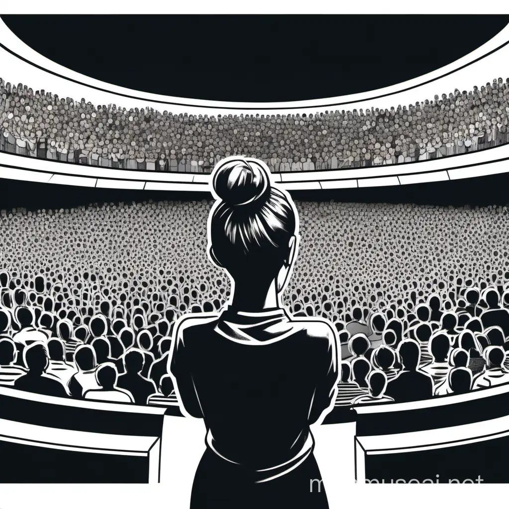 a decent woman with her hair tied in a bun in the age bracket of 30s giving a ted talk on a stage to a massive crowd. show the outline of woman in the middle of the stage facing the crowd