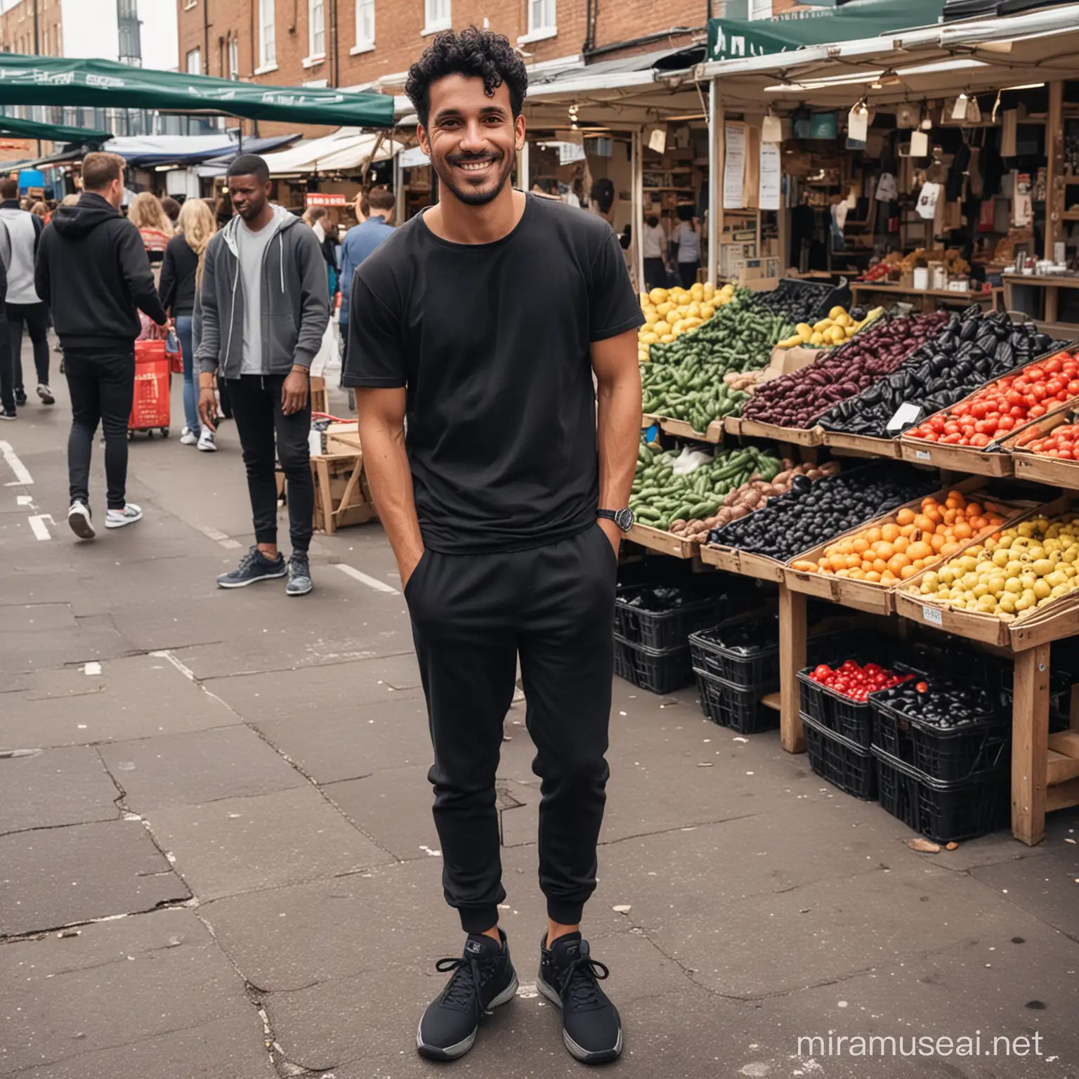 male, market trader, black head hair and black trainers, standing smiling, from head to feet