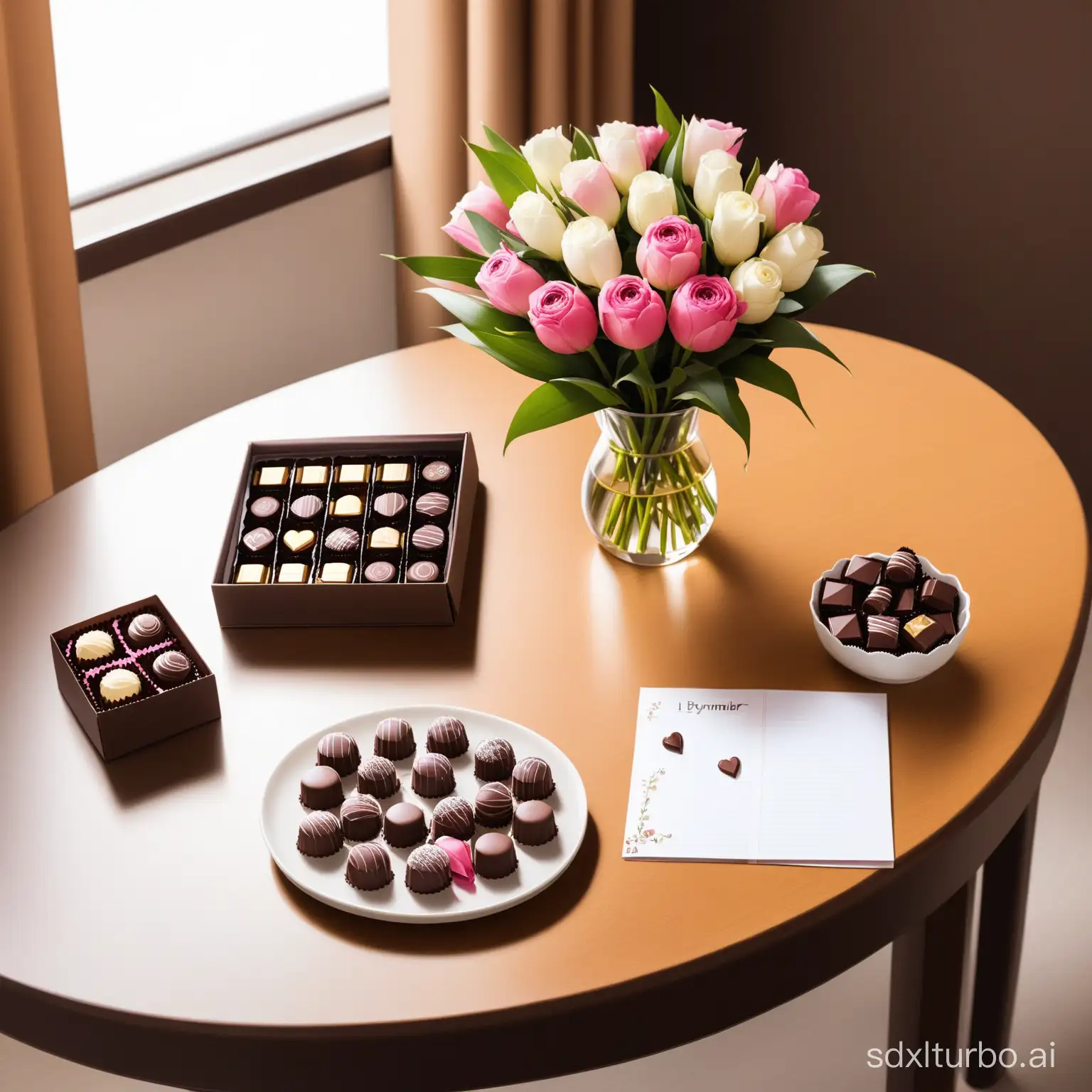 Flowers and chocolates on a table. A note on the table saying "İyi Bayramlar"
