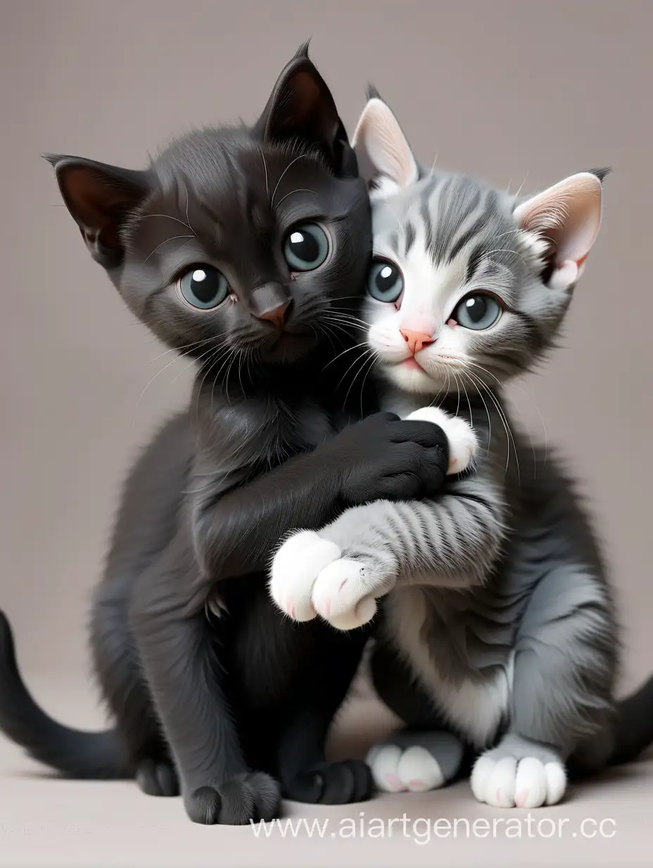 черный котёнок обнимает серого котёнка с белыми лапами