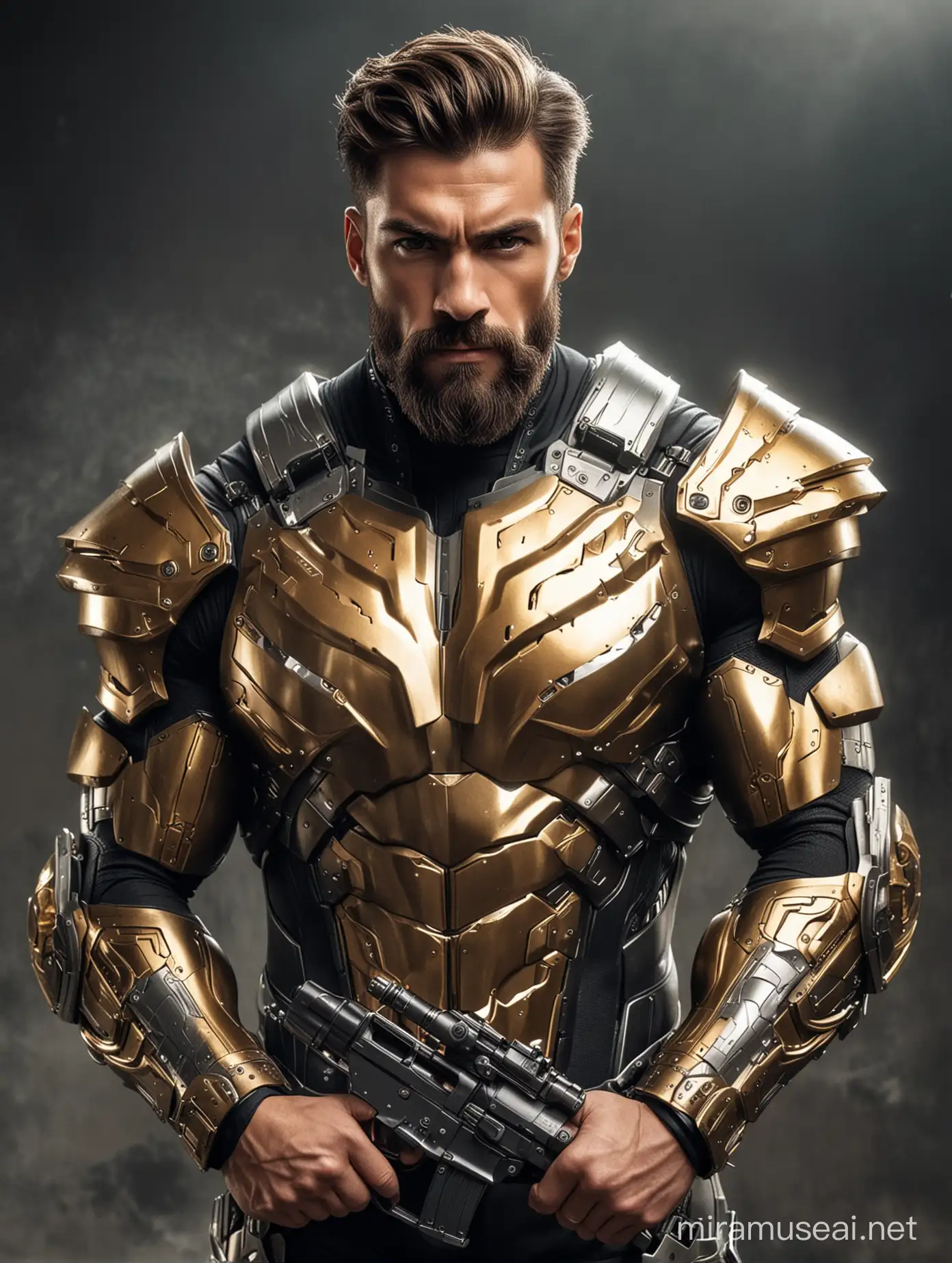 Tall and handsome bodybuilder men with beautiful hairstyle and beard with attractive eyes and Big wide shoulder and chest in sci-fi High Tech golden, sliver and black armour suit shooting with firearms on warzone 