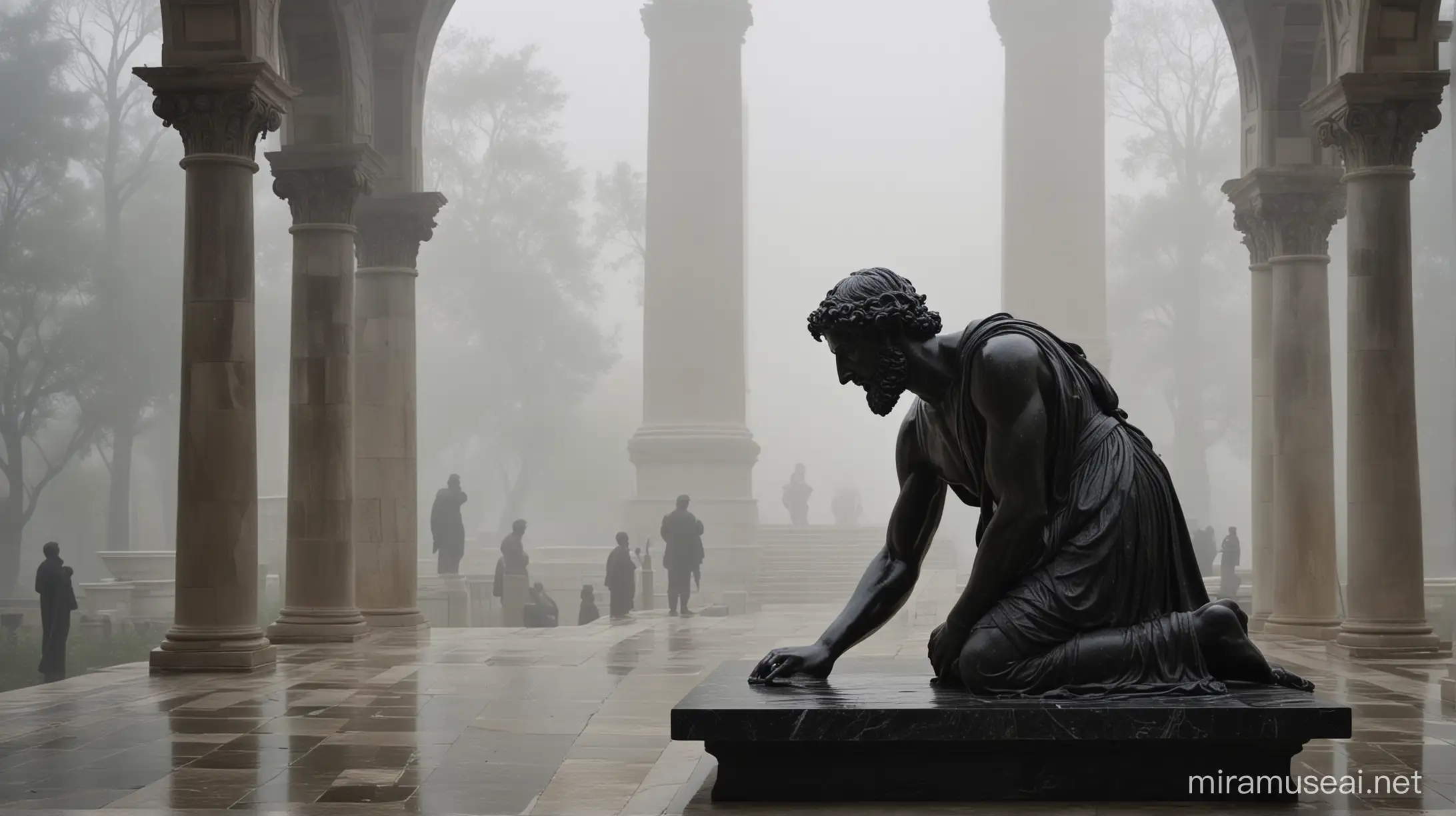 Capture the essence of the timeless Greek Writer statue of Marcus Aurelius, a commanding figure in black granite seated within the grandeur of a vast palace. The scene is veiled in an ethereal mist, a dark fog that shrouds the surroundings, leaving only the statue illuminated in its contemplative solitude.  In the dimly lit and mysterious ambiance, Marcus Aurelius, carved with meticulous detail, sits in a position of reflection. The black granite imparts an air of gravitas, emphasizing the stoic wisdom embodied by the ancient philosopher. The statue's eyes are fixed on an open book, held in his hands, as if immersed in profound thoughts.  In one hand, he cradles a pan, poised to inscribe his insights onto the blank parchment before him. The poised quill hints at the weight of the wisdom about to be transcribed, a moment frozen in time where philosophy and literature converge.  The colossal statue is the solitary occupant of the expansive palace, the grandeur of which is hinted at through shadowy arches and pillars disappearing into the mist. The dark and foggy background serves not only to emphasize the isolation of the stoic philosopher but also to evoke a sense of mystery and timelessness, where the boundaries between the tangible and the ethereal blur.  This prompt seeks to encapsulate the serene yet powerful ambiance of Marcus Aurelius in contemplation, surrounded by the mystique of an ancient palace, with the only clarity in the scene being the determined gaze of the Greek Writer statue immersed in the act of writing.