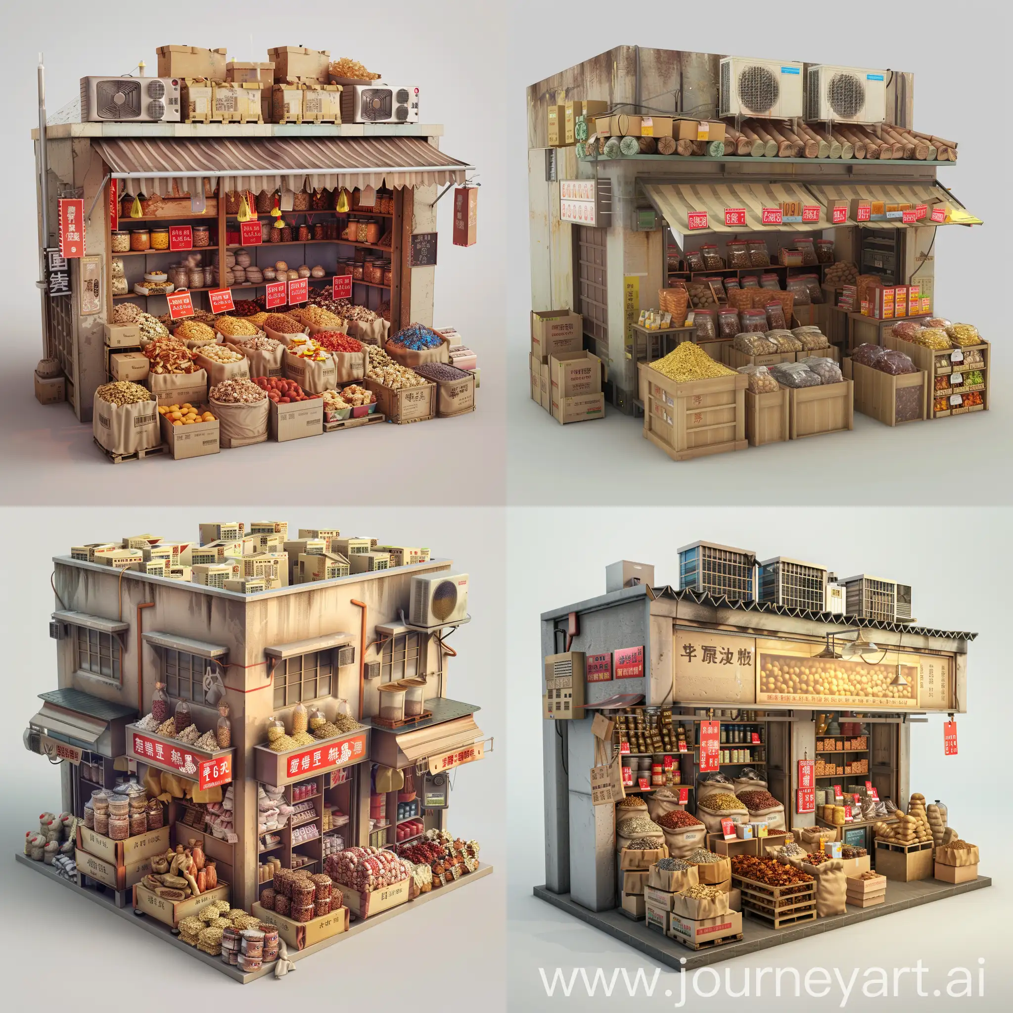 small, crowded, goods cluttered throughout the space, store front, dried food shop in Hong Kong. Organized in boxes and bags, marked with red price tags. 3d, game style on blank background. The roof top should have air conditioner system. The model should be appropriate with a cube shape, quality in 4k