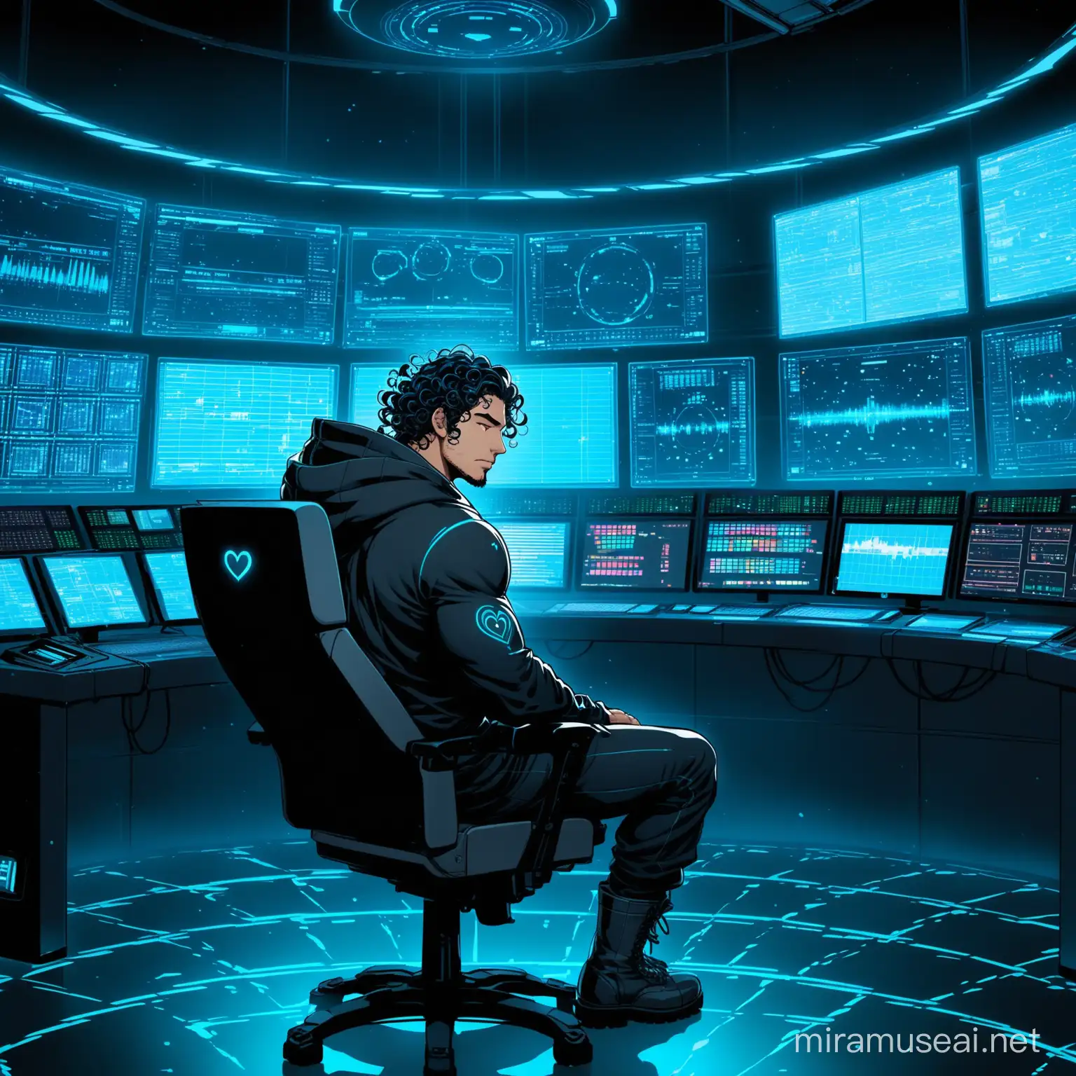 A high tech control room, dimly lit with blue light. An Latino man with thick biceps to match sleeps in his chair out cold in a well needed slumber in front of Several holographic screens float above him. He wears a dark hoody and combat boots his hair is short wet curly ringlets he monitors the heart rate on one of the screens