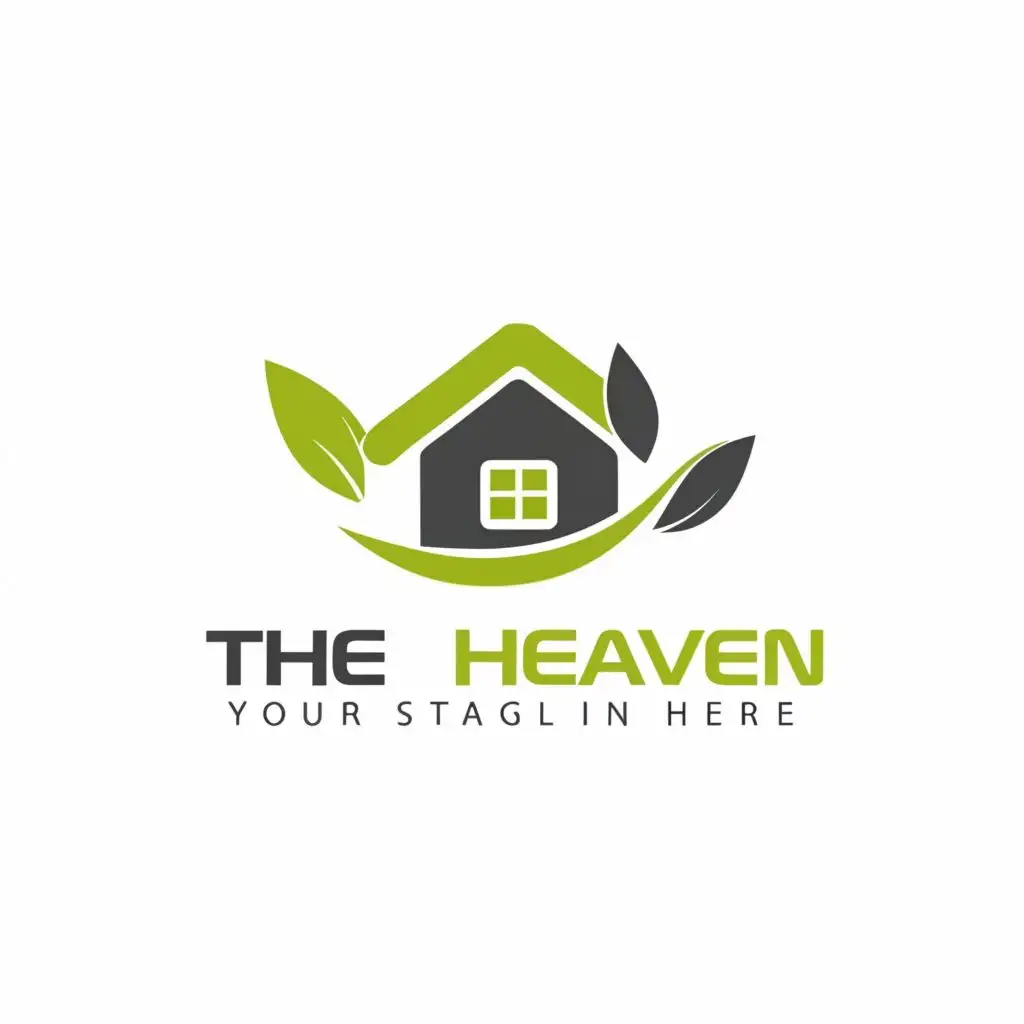 logo, a leaf and house, with the text "The Heaven", typography, be used in Real Estate industry