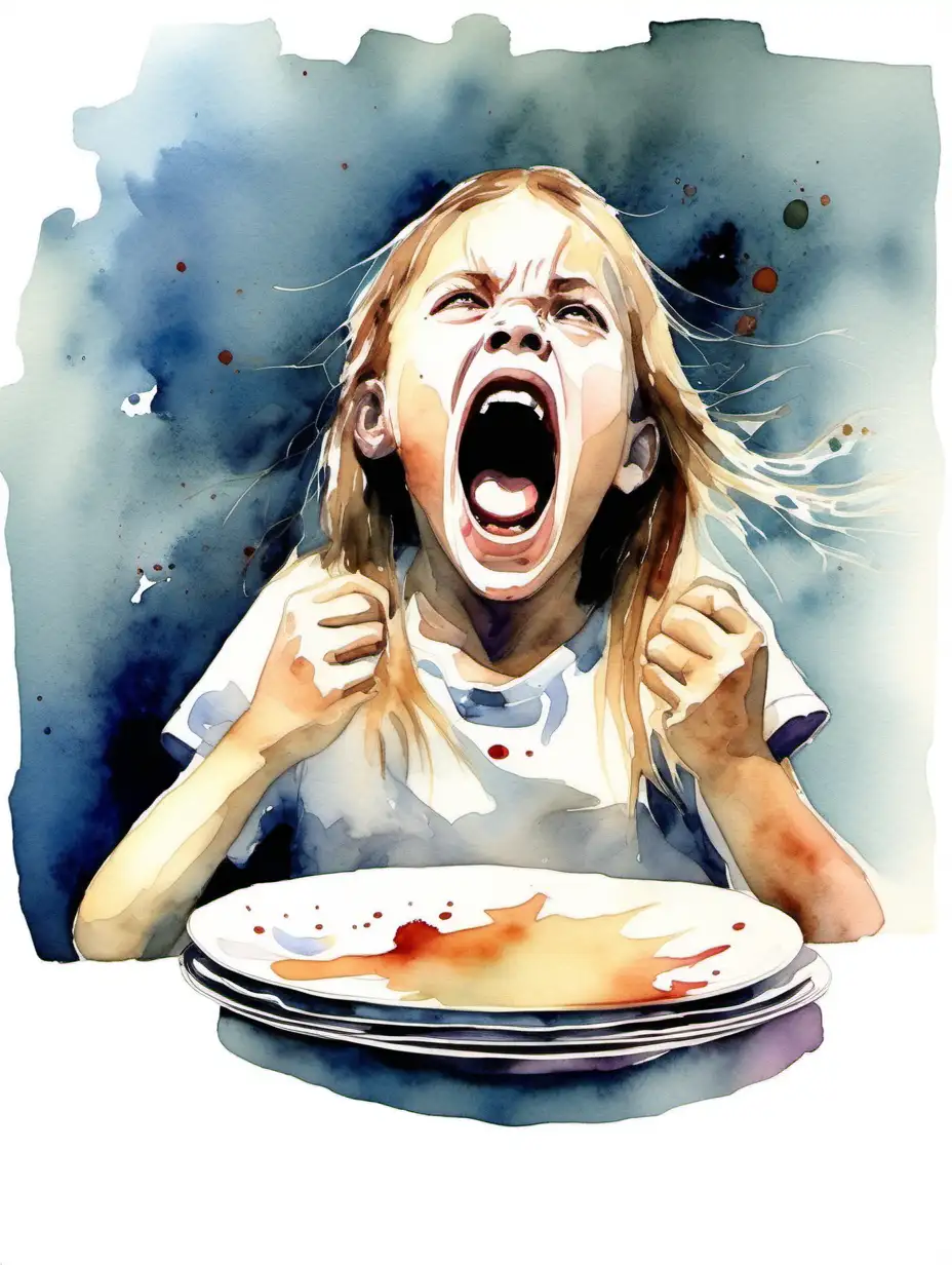 Startled-Girl-Screaming-at-Empty-Plate-Watercolor-Painting