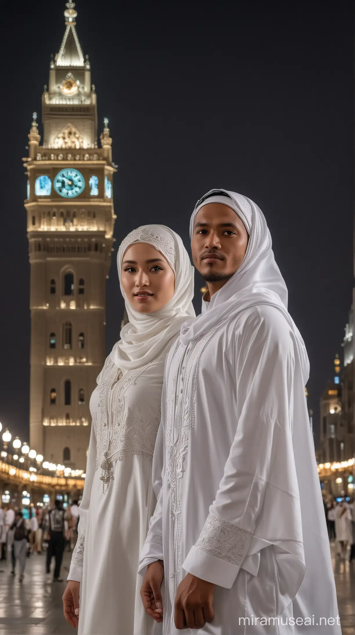 Indonesian Couple in Traditional Attire under Makkah Royal Clock Tower at Night