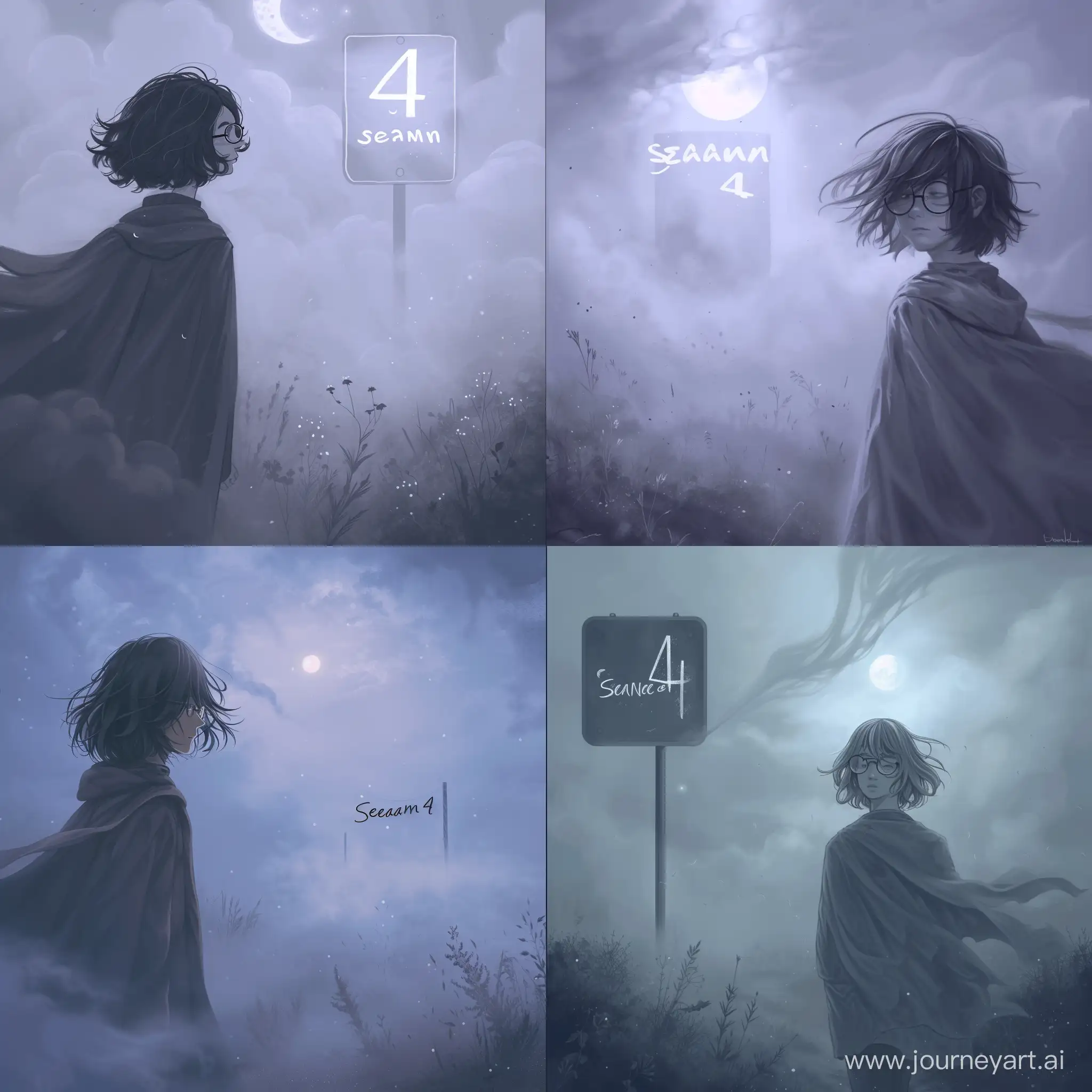 A 17-year-old guy with shoulder-length hair and glasses walks through a foggy field at dusk. The fog floats low, creating a mysterious atmosphere. He is wearing a long cloak that flutters in the wind and his hair flutters softly. The light of the moon penetrates the clouds, creating a play of light and shadow. The sign "Season 4" slowly appears from the fog, adding to the mystery of the scene. The image should be rendered using a soft and mysterious palette