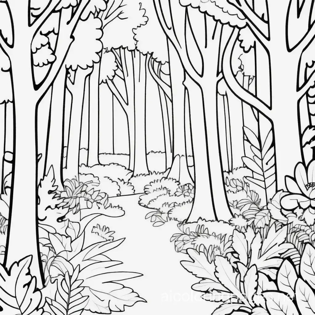 forest, Coloring Page, black and white, line art, white background, Simplicity, Ample White Space. The background of the coloring page is plain white to make it easy for young children to color within the lines. The outlines of all the subjects are easy to distinguish, making it simple for kids to color without too much difficulty