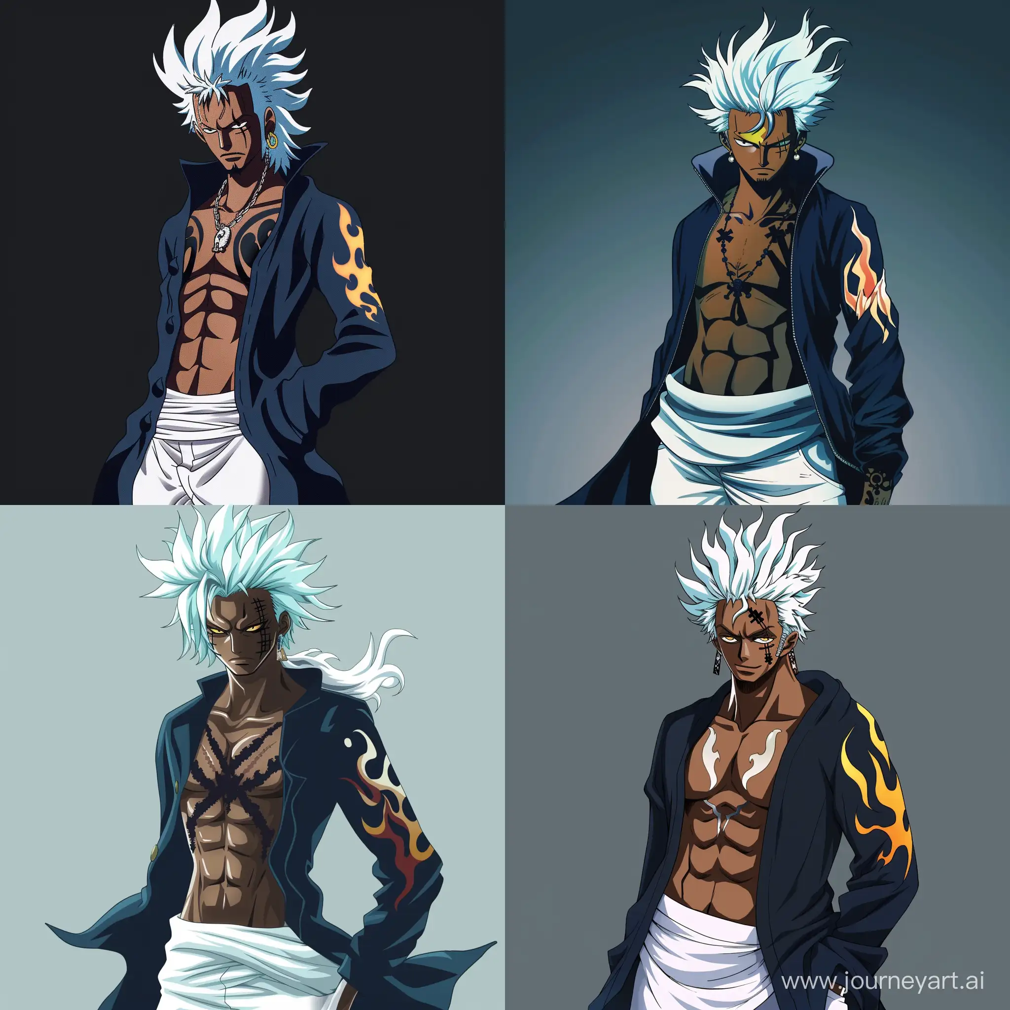 A One Piece character called Elvis Tek that is a 2.5 meters tall Shandia youth with dark skin. His white hair, tinted with light blue, is wild and spiky, except for a few strands that fall over his forehead. A single lock stands up from the top of his head. He bears a black tribal tattoo of flames on the right side of his body. His left eye is yellow, while his right eye is missing and scarred. He dresses in a dark blue cardigan that he leaves open, revealing his chest, and white baggy pants