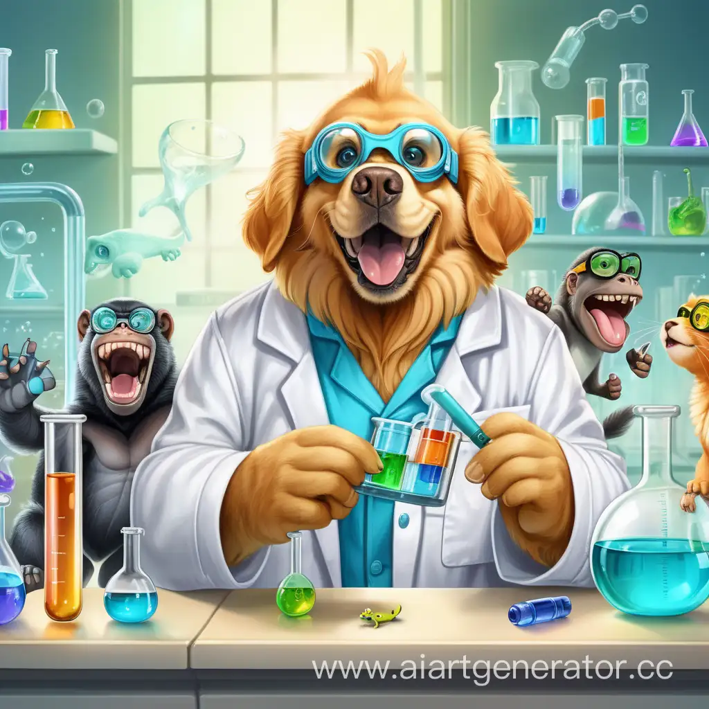 A golden retriever wearing lab goggles and a lab coat is conducting a fantastic experiment in a laboratory with a test tube in his hand and is very excited. A gorilla, a gecko, a cat, a small dog and an ice cube are looking at him.  