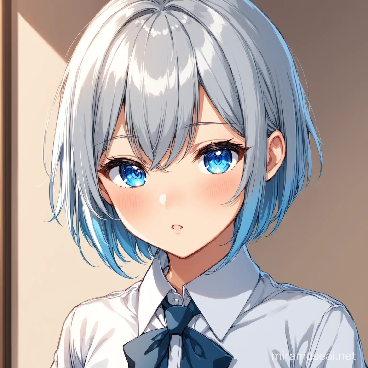 anime femboy silver short hair and blue eyes,with a school dress