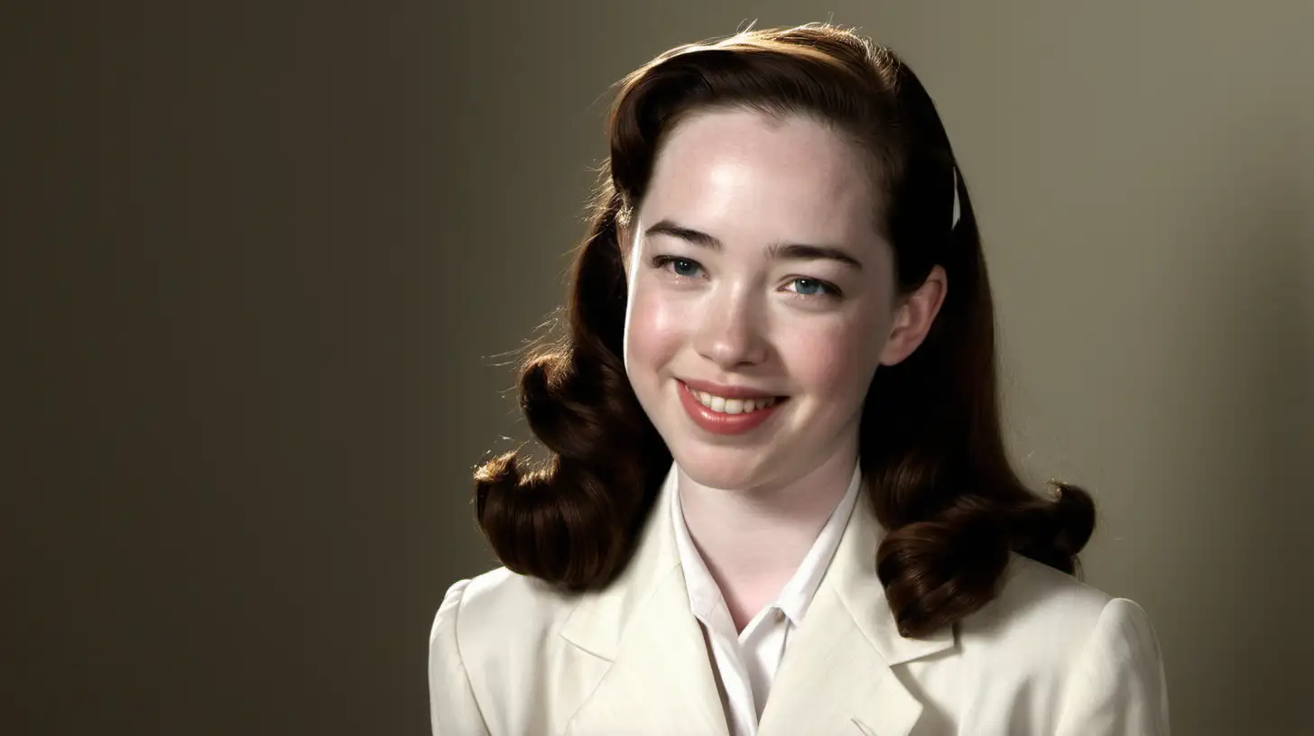 Anna Popplewell, sourire d'ange, tailleur femme et chemisier blanc des années 1940