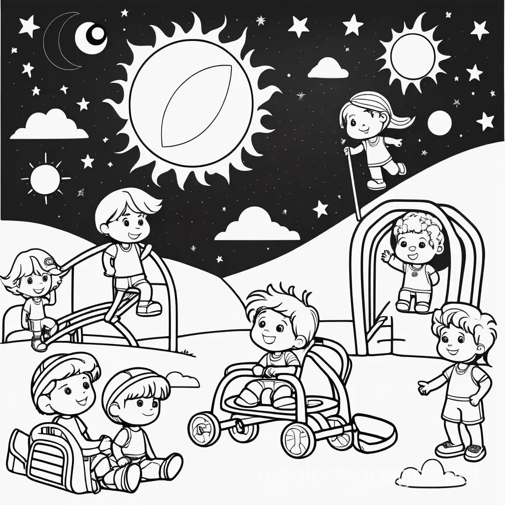 solar eclipse- a cosmic adventure with kids
on the playground, Coloring Page, black and white, line art, white background, Simplicity, Ample White Space. The background of the coloring page is plain white to make it easy for young children to color within the lines. The outlines of all the subjects are easy to distinguish, making it simple for kids to color without too much difficulty
