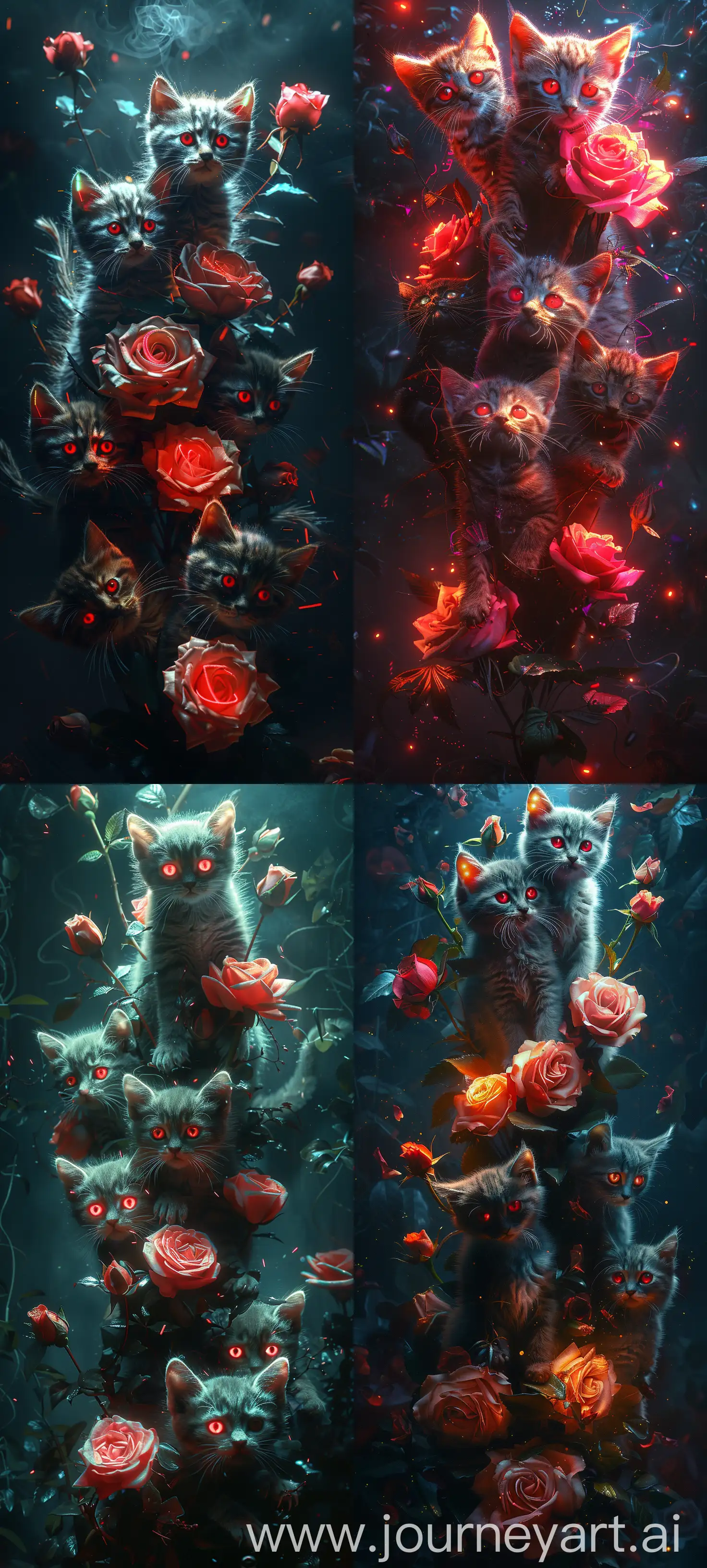A bouquet of cyberpunk kittens mixed with roses, glowing red eyes, neon, claws, dark background, smartphone wallpaper style, night mood, tense atmosphere, hyperrealistic, 8k --s 500 --ar 9:20