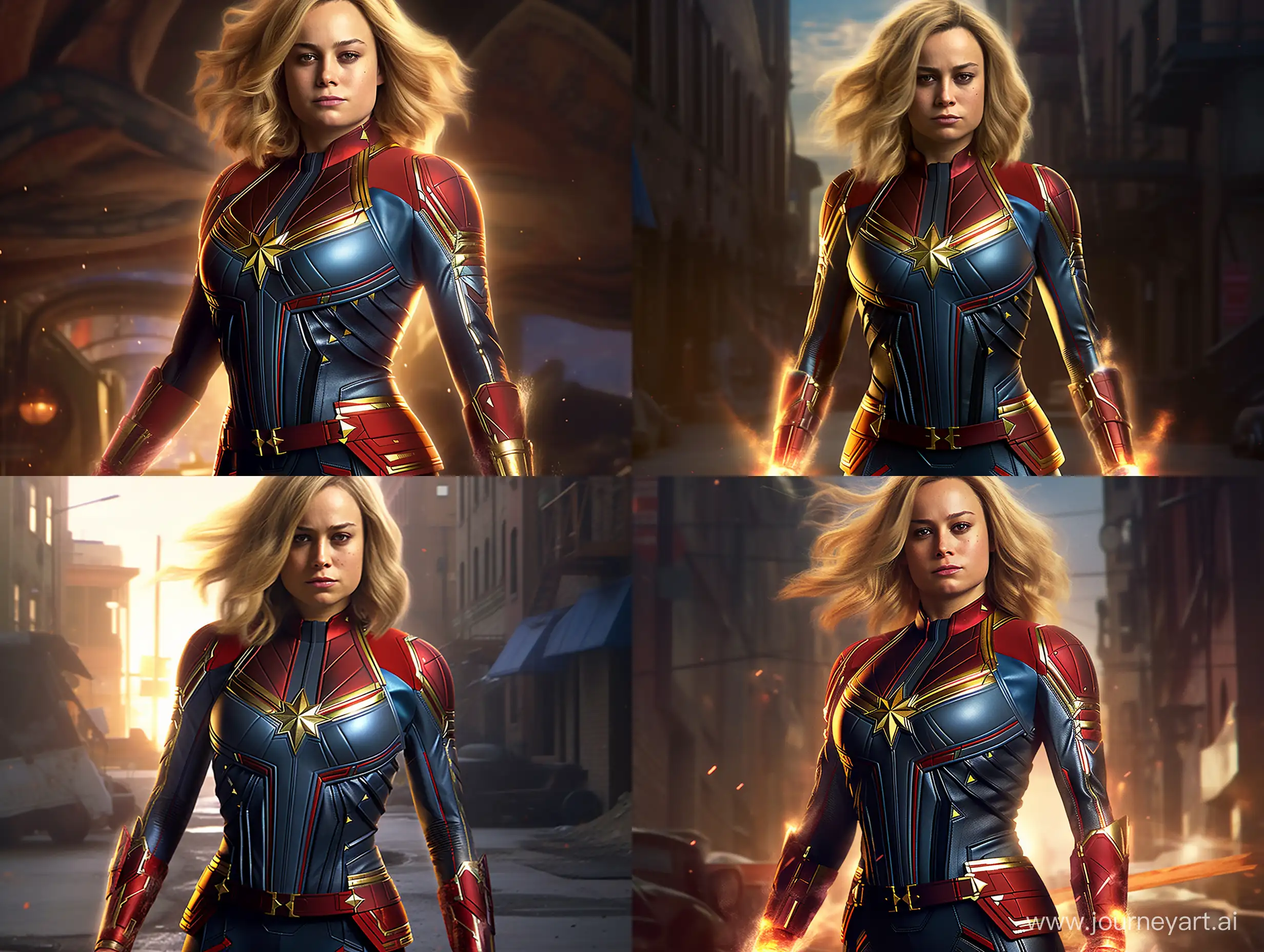 Captain Marvel, https://static.wikia.nocookie.net/marvel-cinematic-universe/images/1/10/06captain-marvel1.jpg/revision/latest?cb=20191003151550, very fat, looking at the camera, half body, with a huge belly, in the alley, realistic, cinematic lighting, --ar 4:3 --q 2