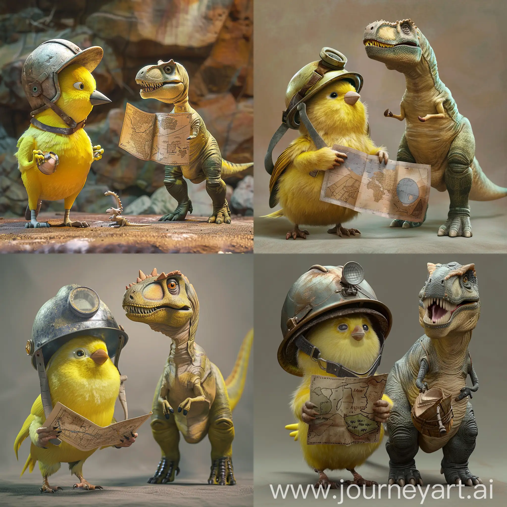 мультипликационная   желтая птица канарейка в шахтерской каске  и  динозавр с картой в руках
