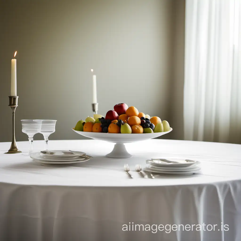 a plain wedding table with white tablecloth with a small bowl of fruit in the center