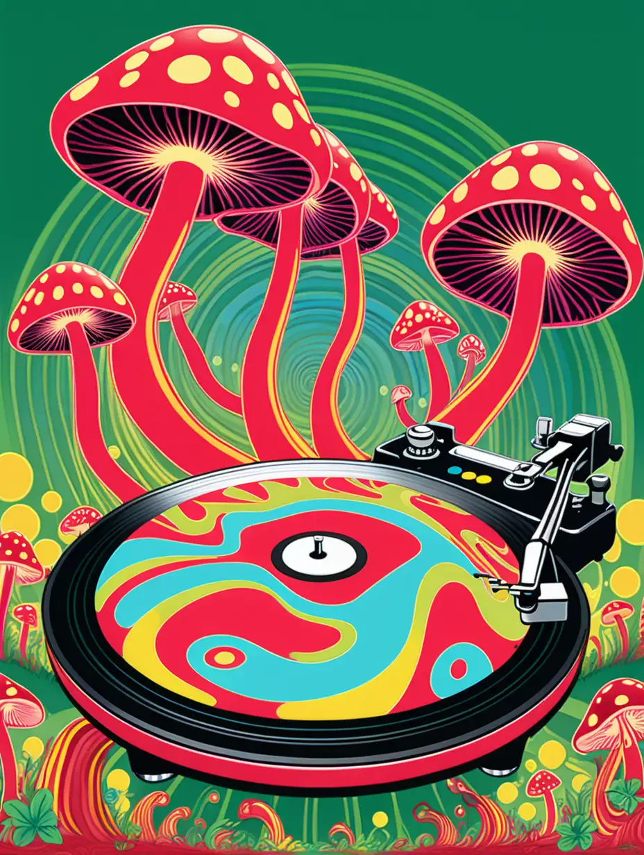 psychedelic vinyl turntable, illustration style, magic mushrooms, vibrant colors colors in green, red and yellow, psychedelic background.
