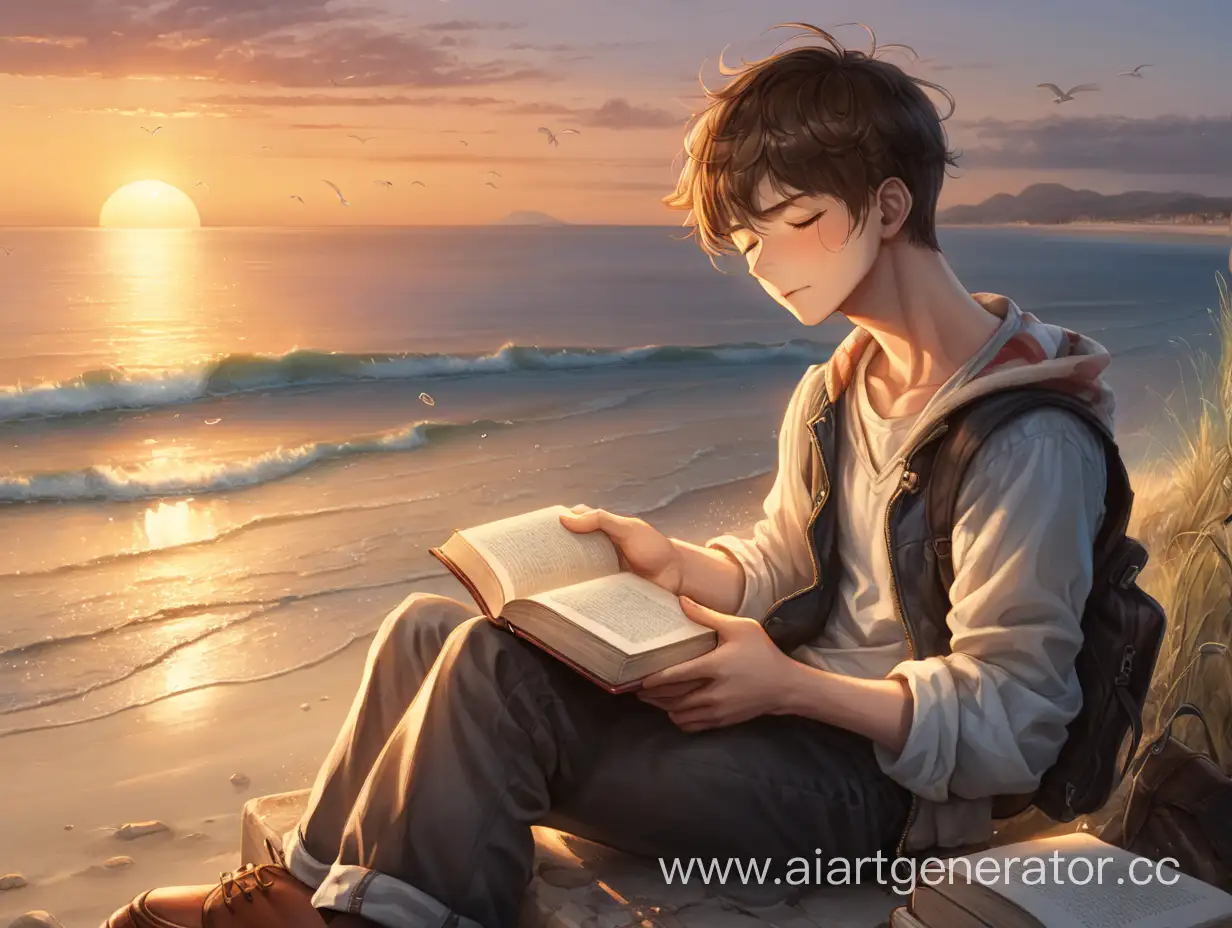 seaside,sunset,the young man with a book on the right edge sitting and crying