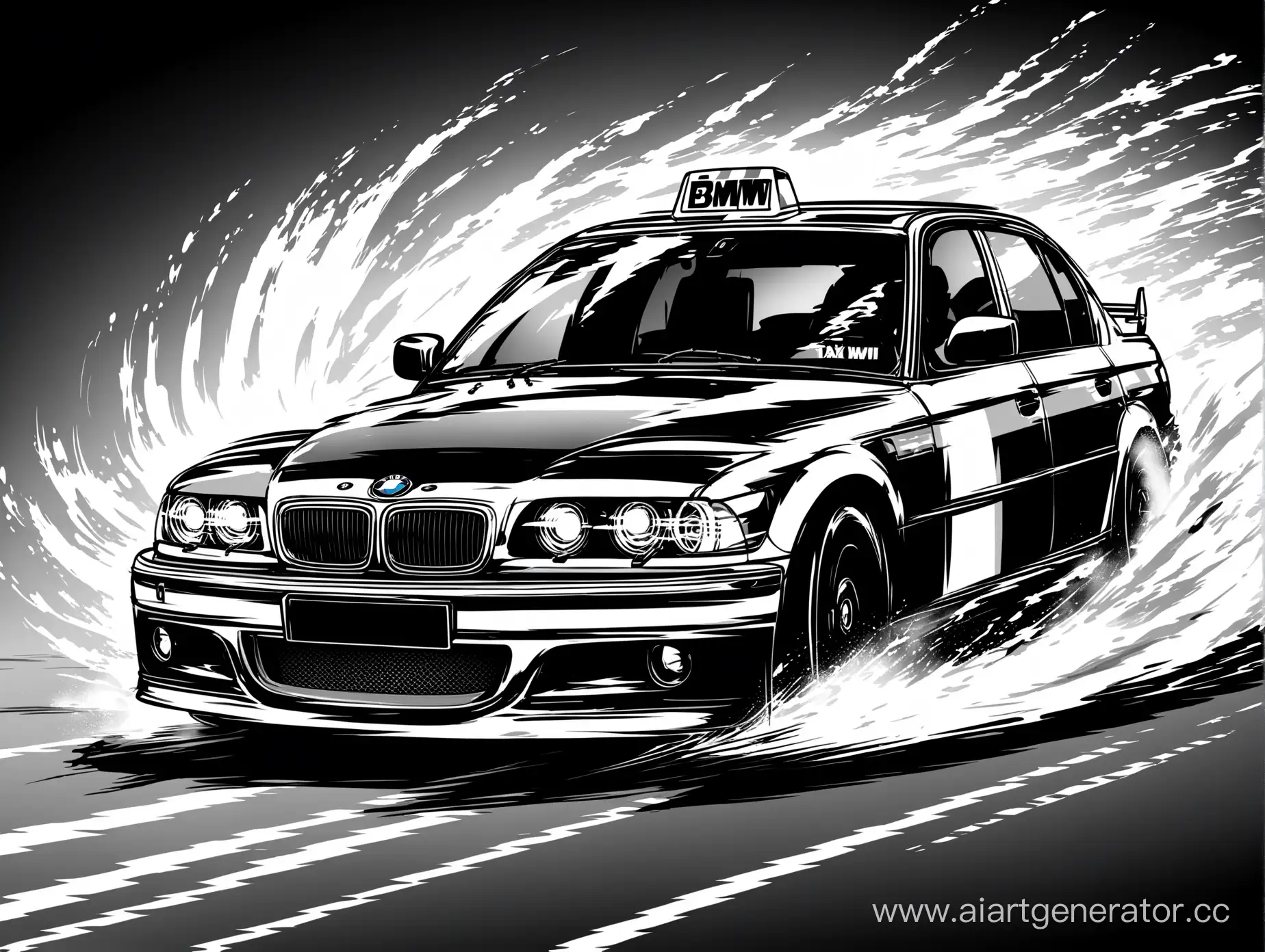 drifting bmw taxi, speed, black and white, vector