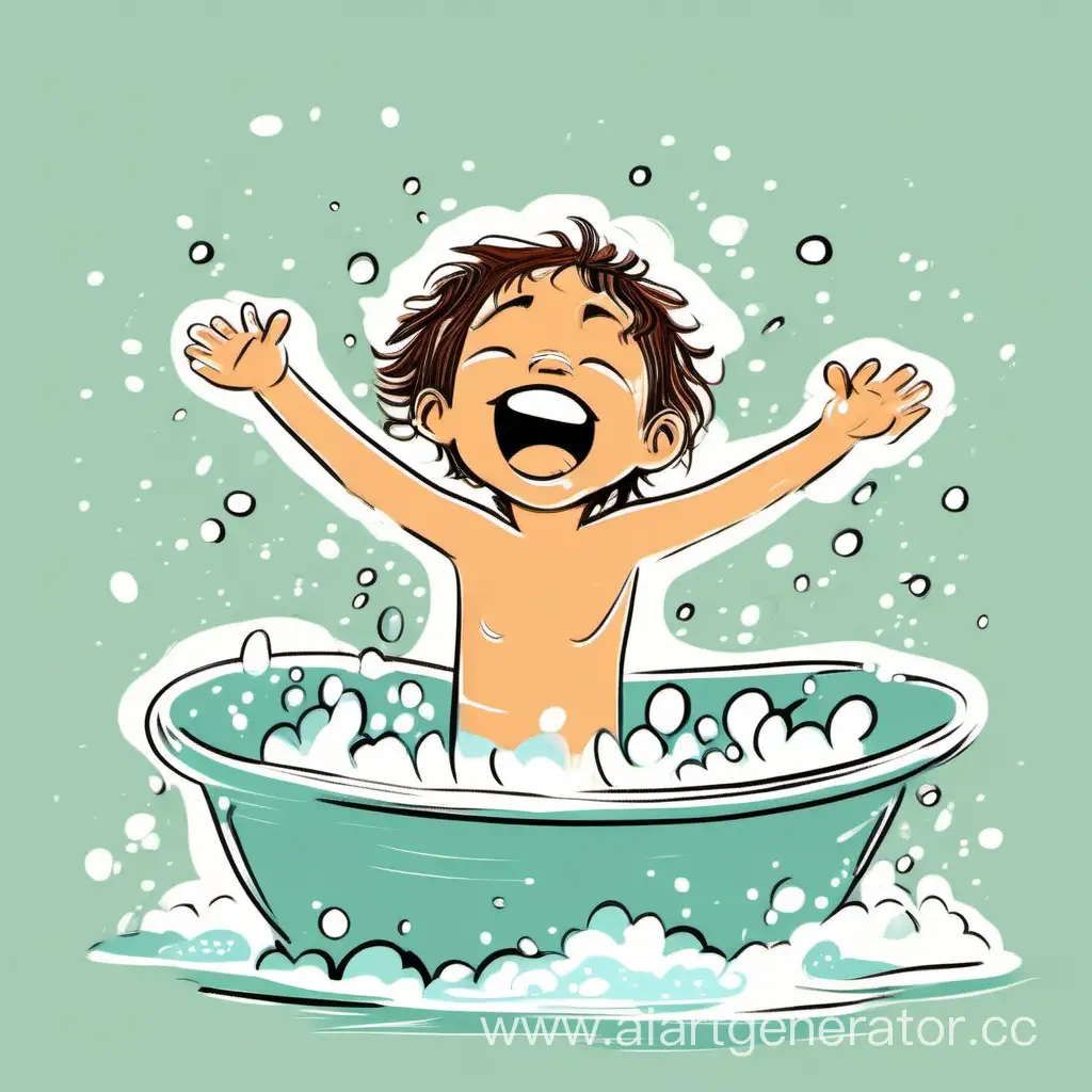 радостный ребенок купается, в рисованном стиле
