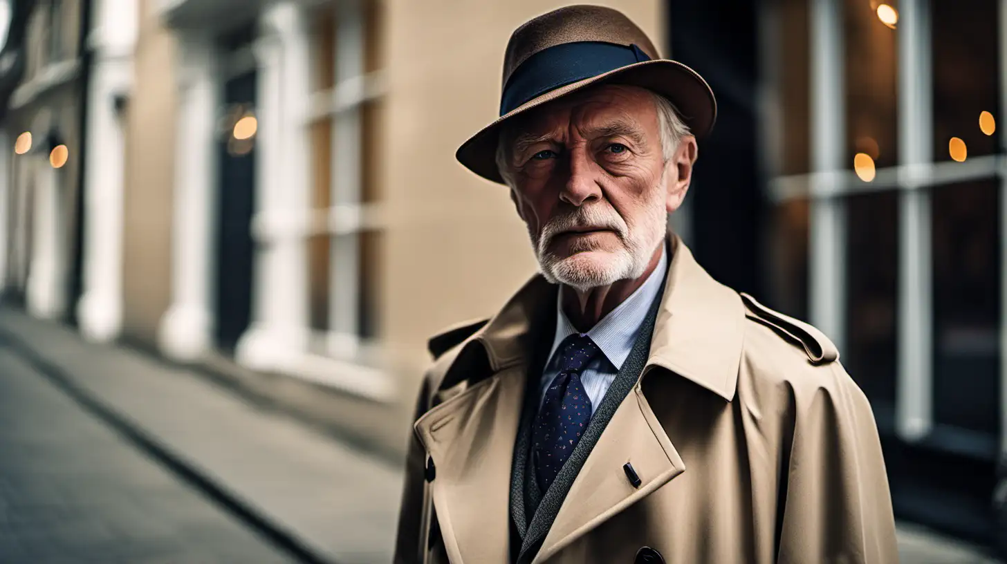 (An elderly Englishman donning a trench coat and a hat), (Sony A7 III with a 35mm f/1.8 lens), (Subtle, ambient lighting highlighting the gentleman's attire), (Portrait photography style capturing the sophistication and distinguished appearance of the Englishman)