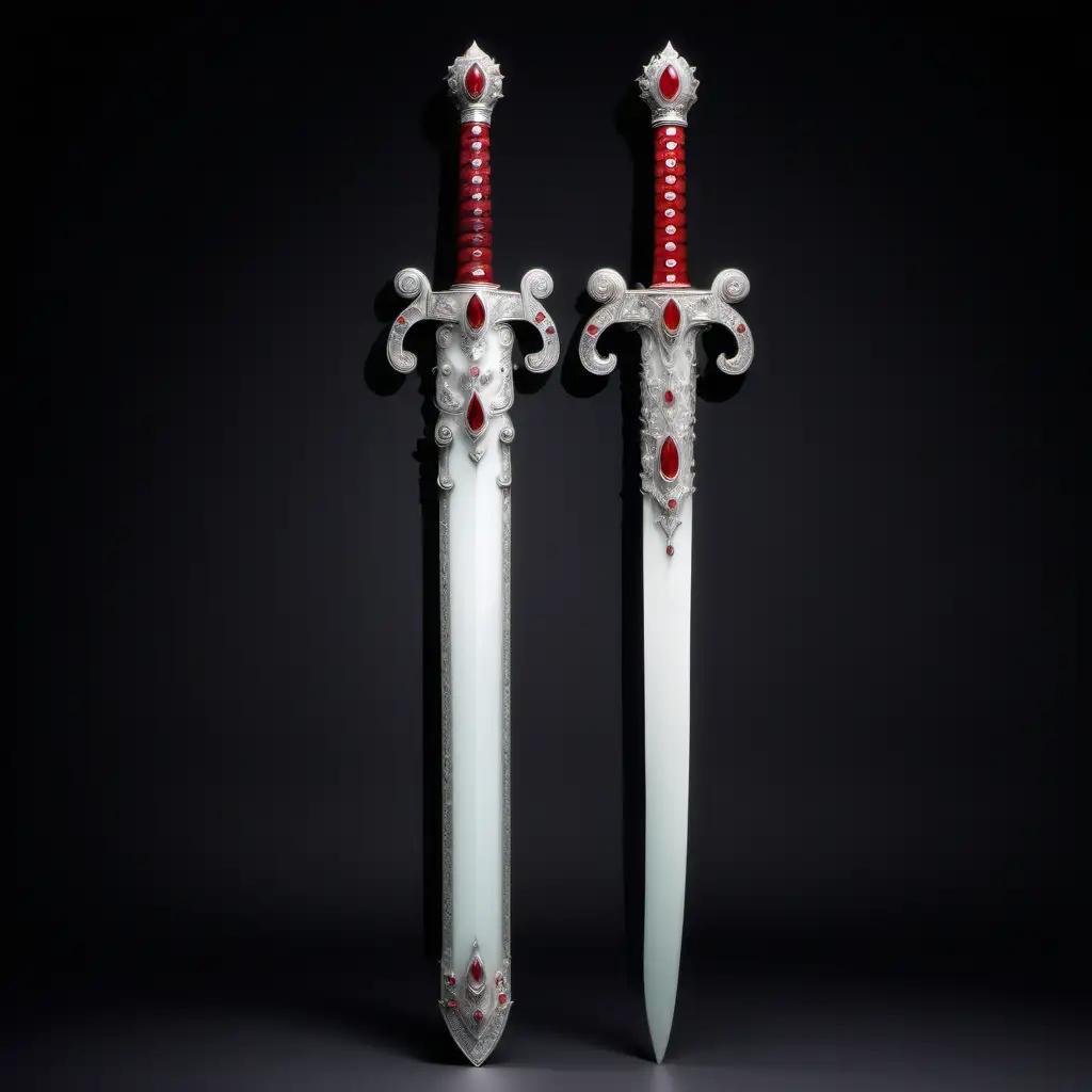 a long, gleaming, silvery white scabbard with crimson and transparent jewels along its shaft and a crimson handle