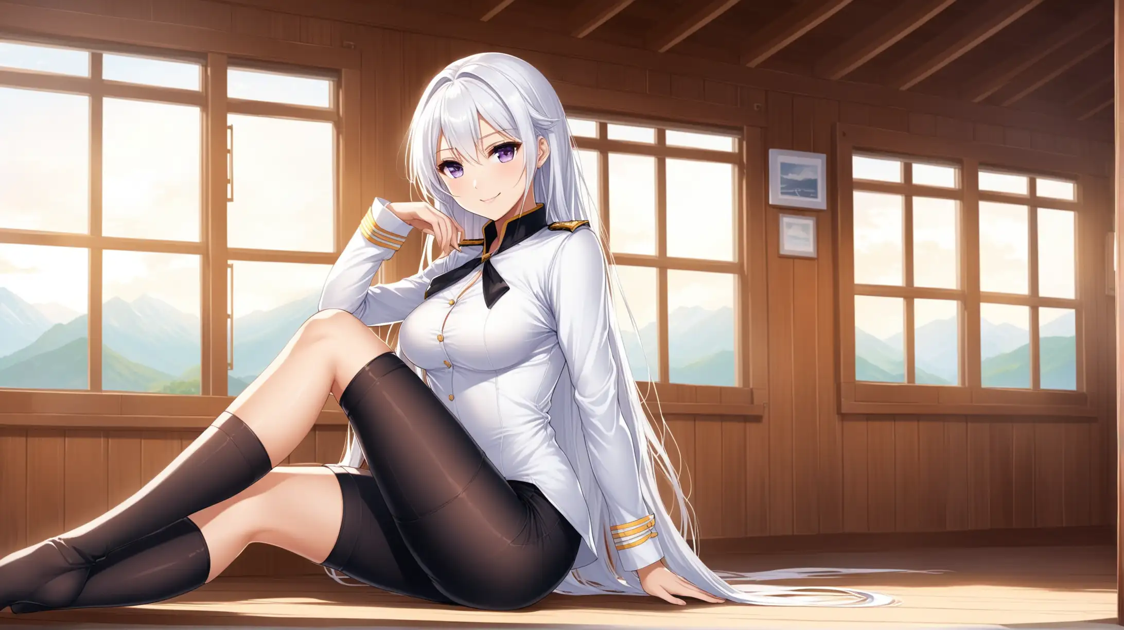 Draw the character Enterprise from Azur Lane, pale violet eyes, white hair, high quality, natural lighting, long shot, indoors, cabin, seductive pose, relaxed outfit, smiling at the viewer