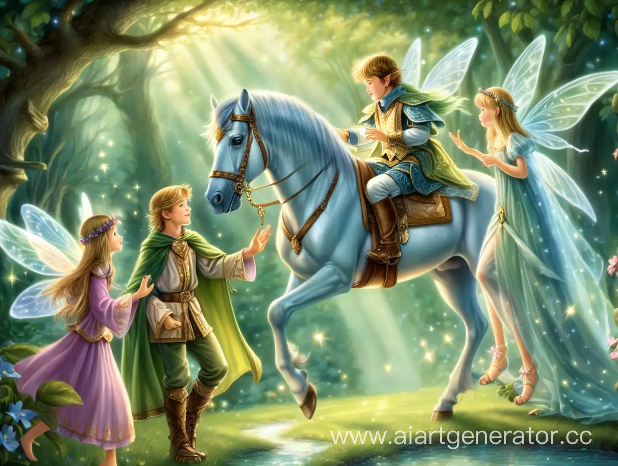 The kind- hearted prince rescued the fairies from the trap. "Thank you, noble prince. We would like to give you something in return for your kindness. Please take these gifts," the fairies said. One fairy gave him an invisibility cloak. The second gave him a flying horse.