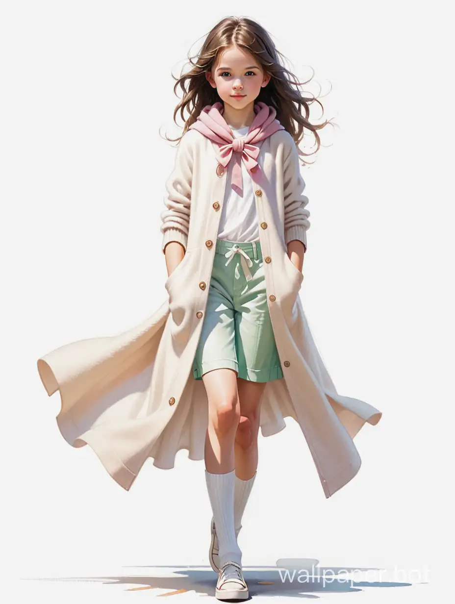 Cute 12 year old elegant dynamic girl. Soft cozy shades. Full length on a white background. Clarity, Sharpness. Style by Harrison Fisher, Brian Froude and Jeremy Mann