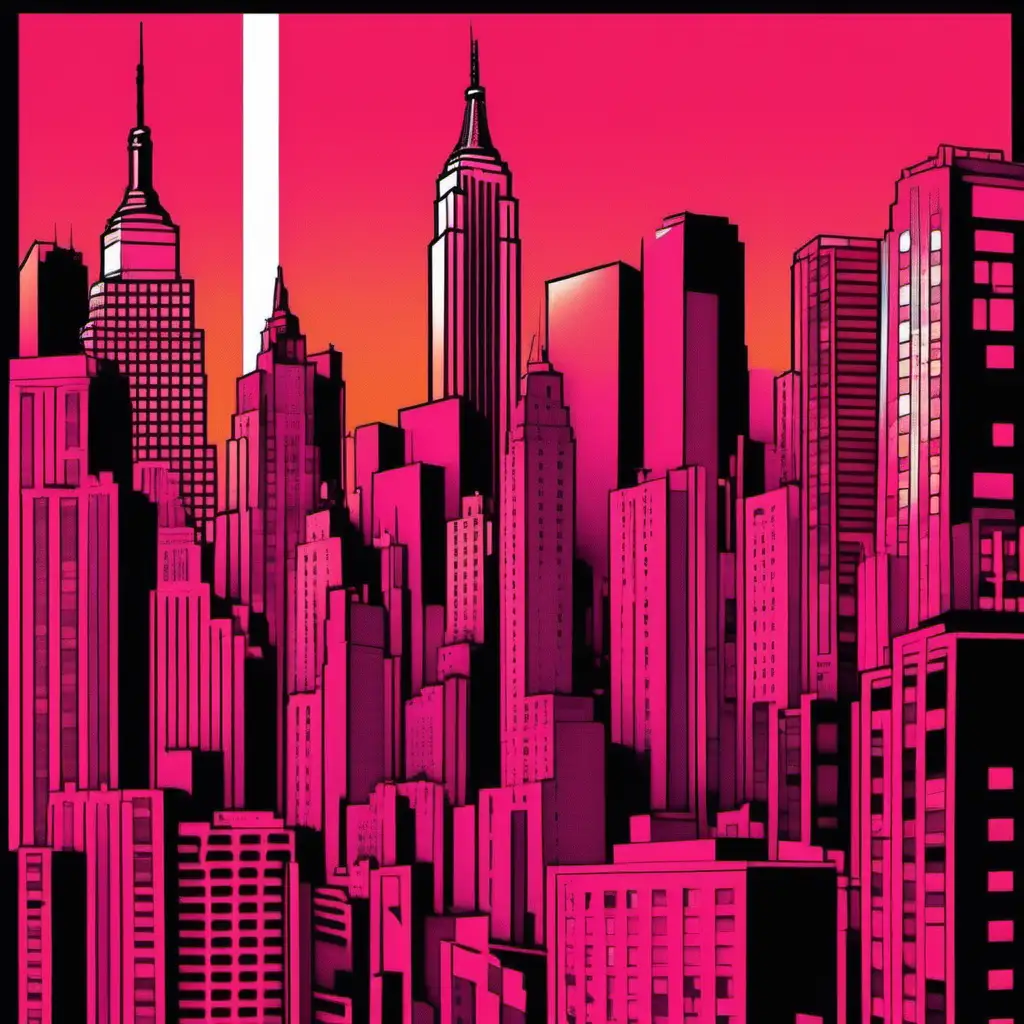 New York in the style of pink and orange, hip hop aesthetics, bold, graphic shapes, sun-soaked colours, neo-geo, light black and red