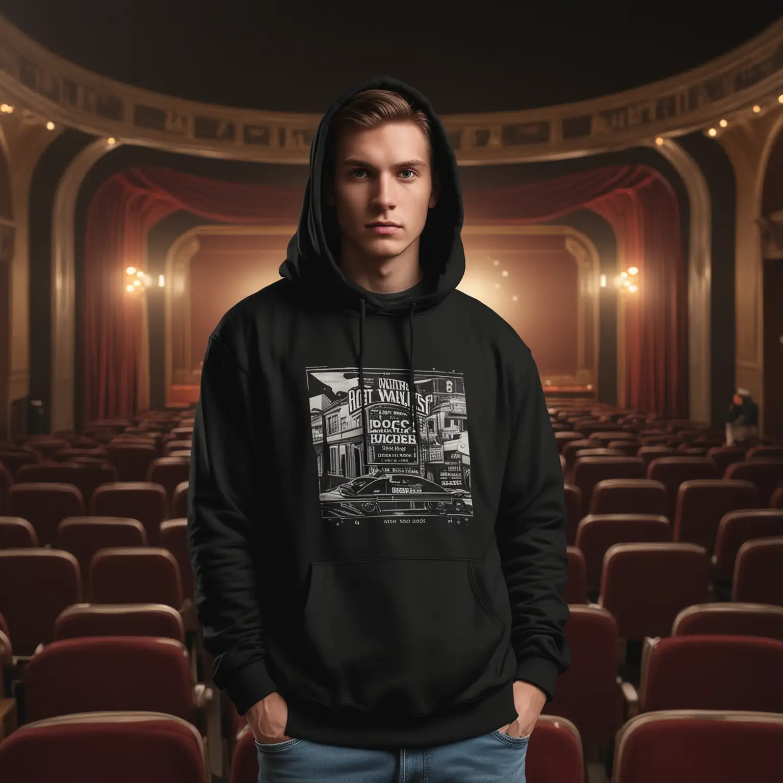 a mockup for a black hoodie on a model.  the background of the photo should resemble an old school movie theater